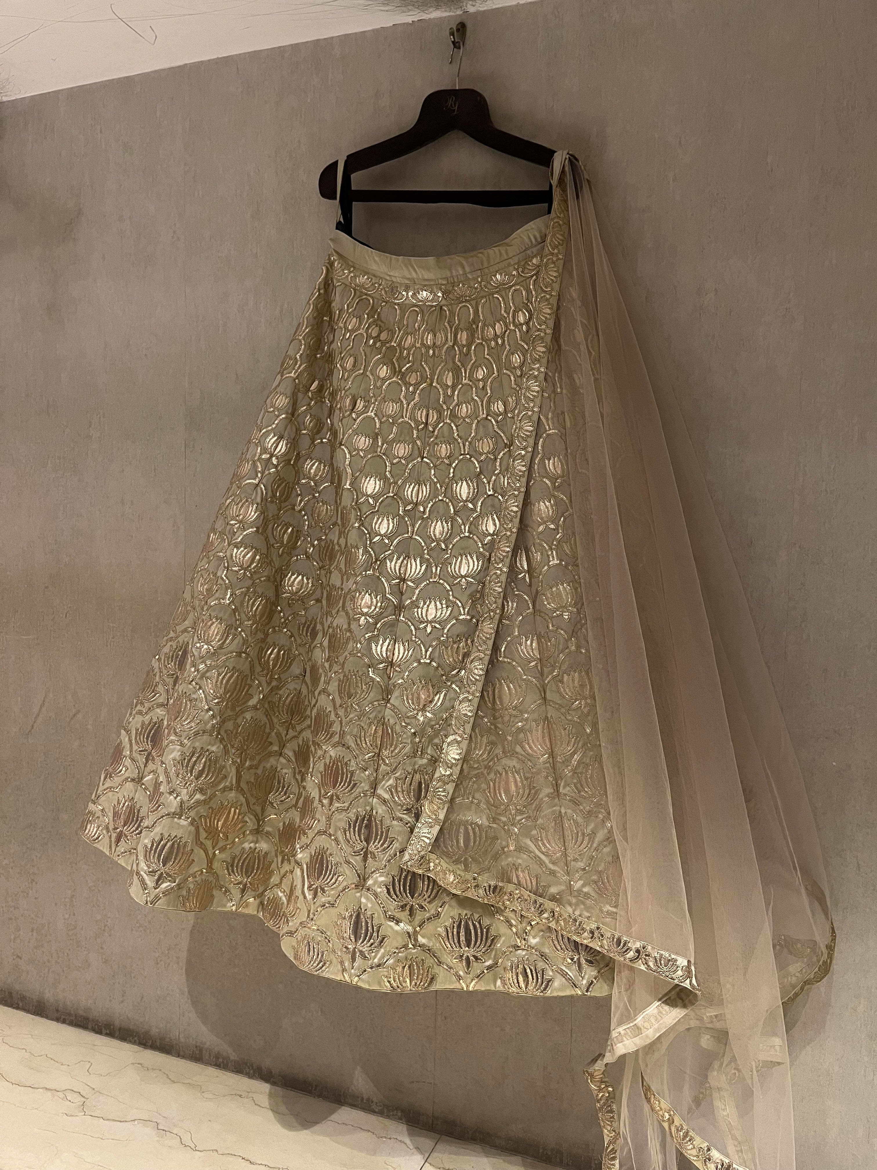 Gold Raw Silk Lotus Lehenga Set