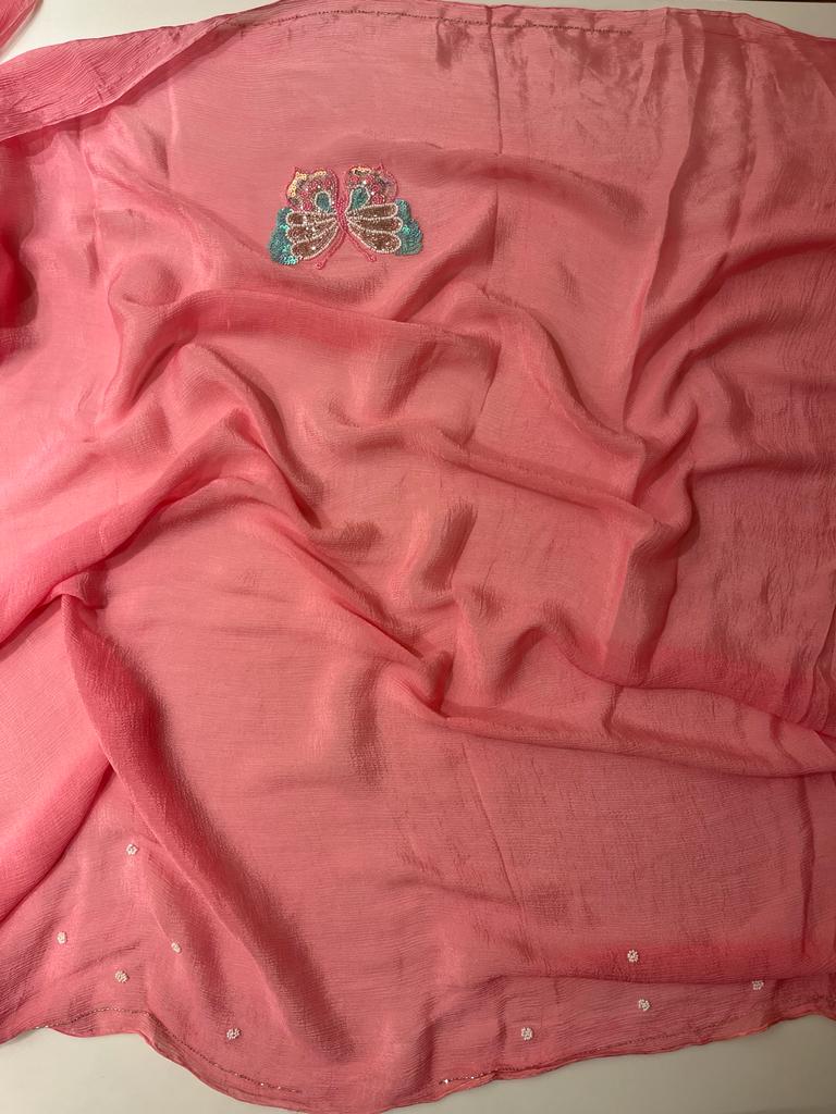 Jolie Peach Pink chiffon saree