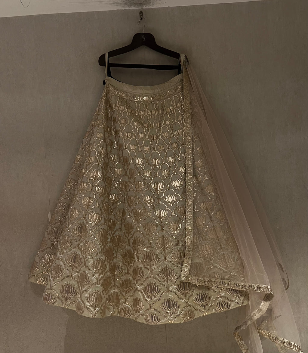 Gold Raw Silk Lotus Lehenga Set