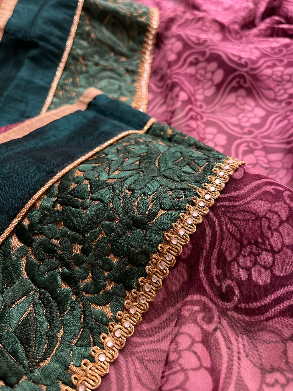 wine and green printed saree