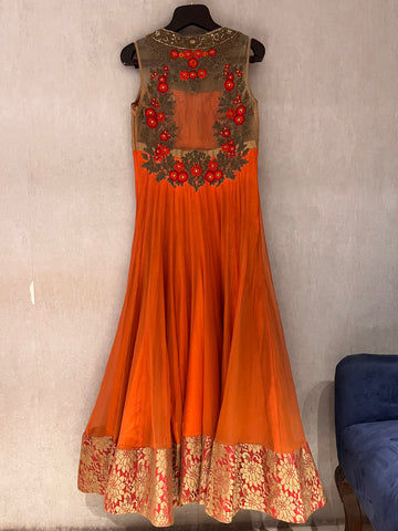 Traditional Orange and golden Indo-western gown