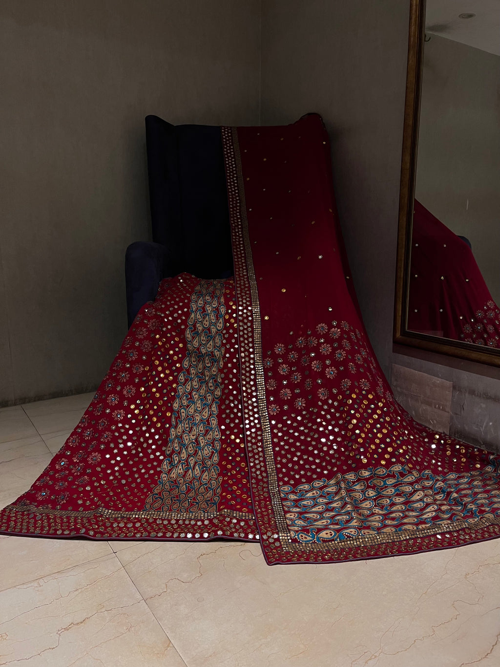 Deep Red Mirror work lehenga set