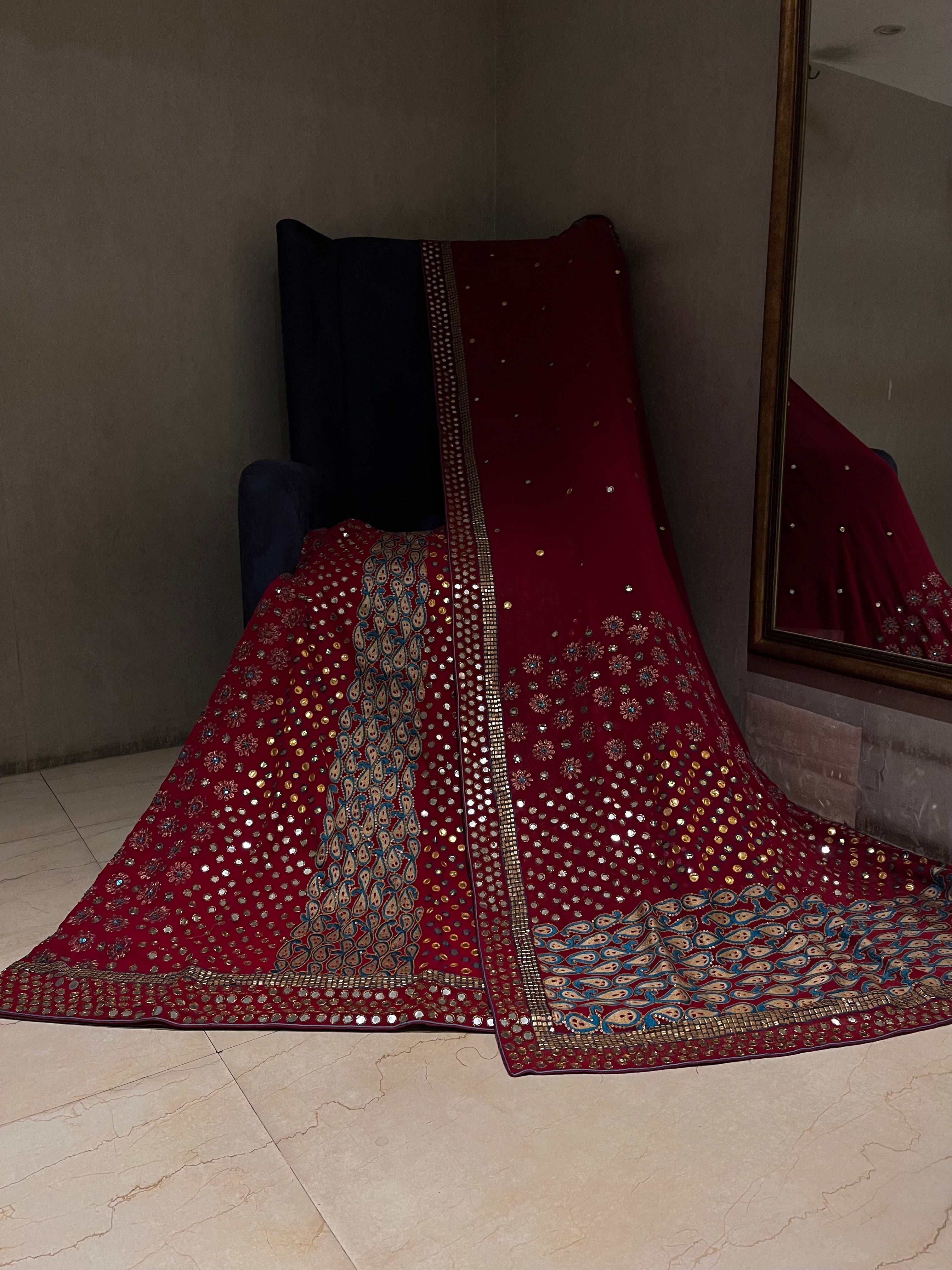 Deep Red Mirror work lehenga set