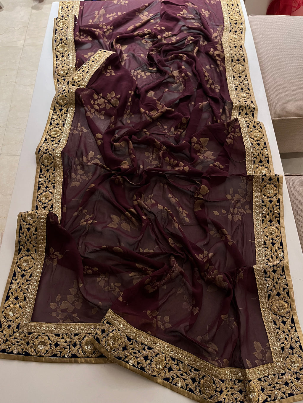 wine foil print saree