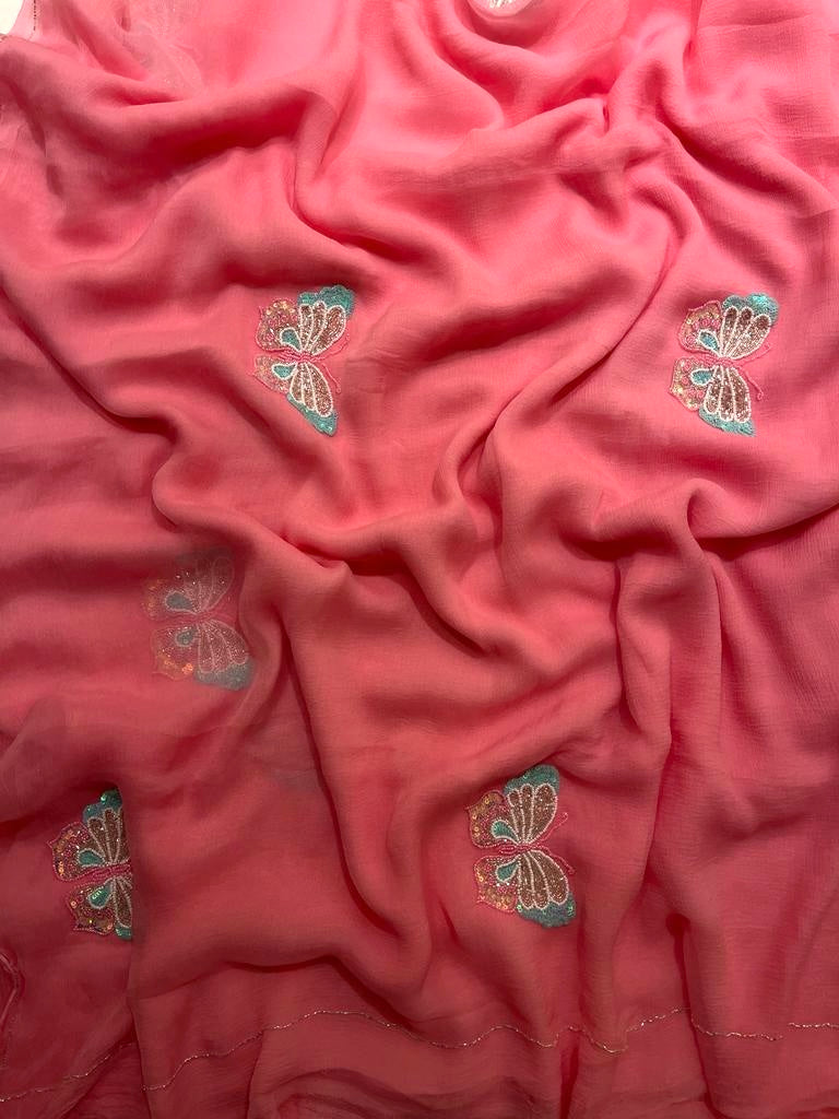 Jolie Peach Pink chiffon saree