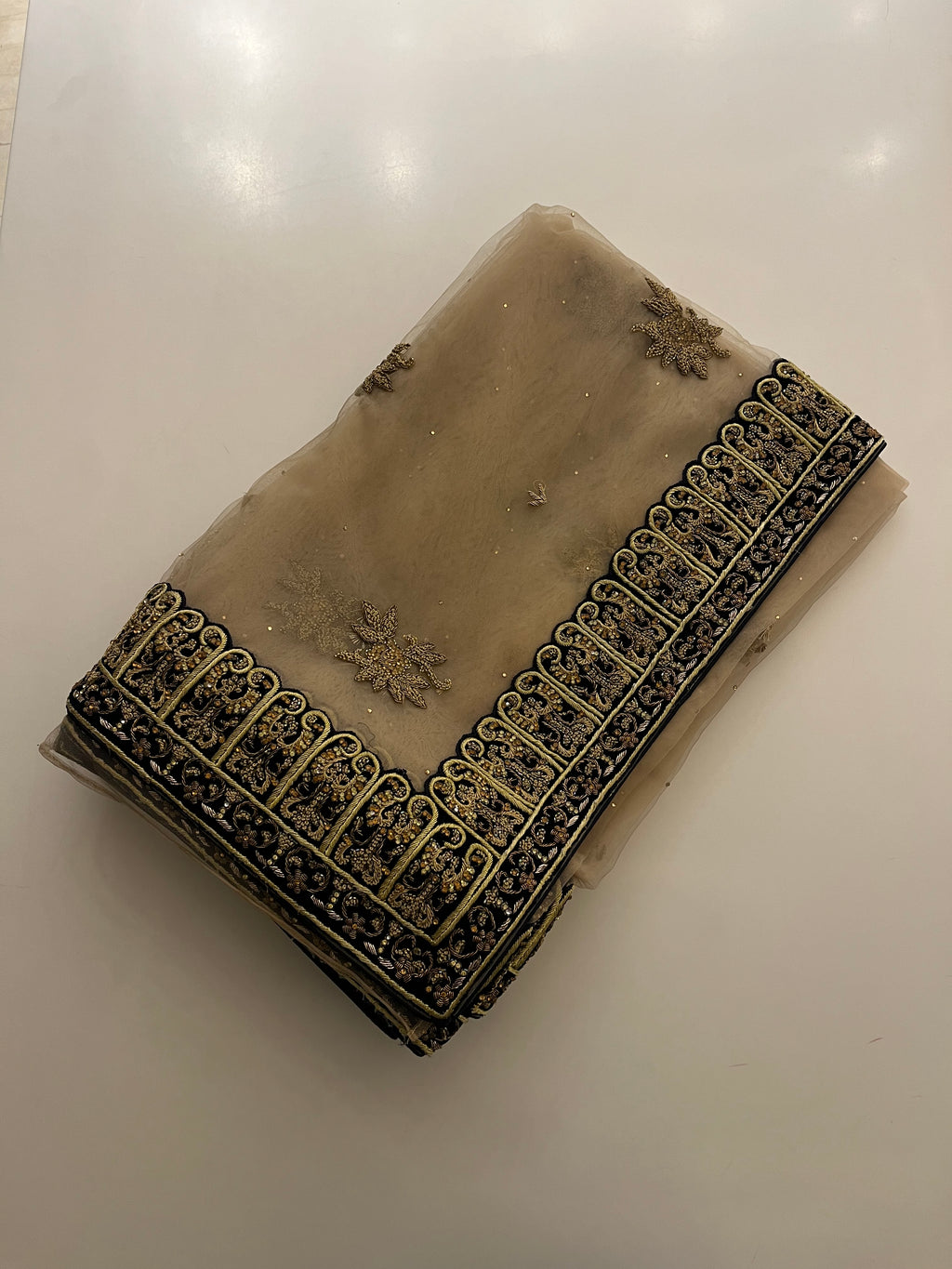 Beige Net & Velvet Saree