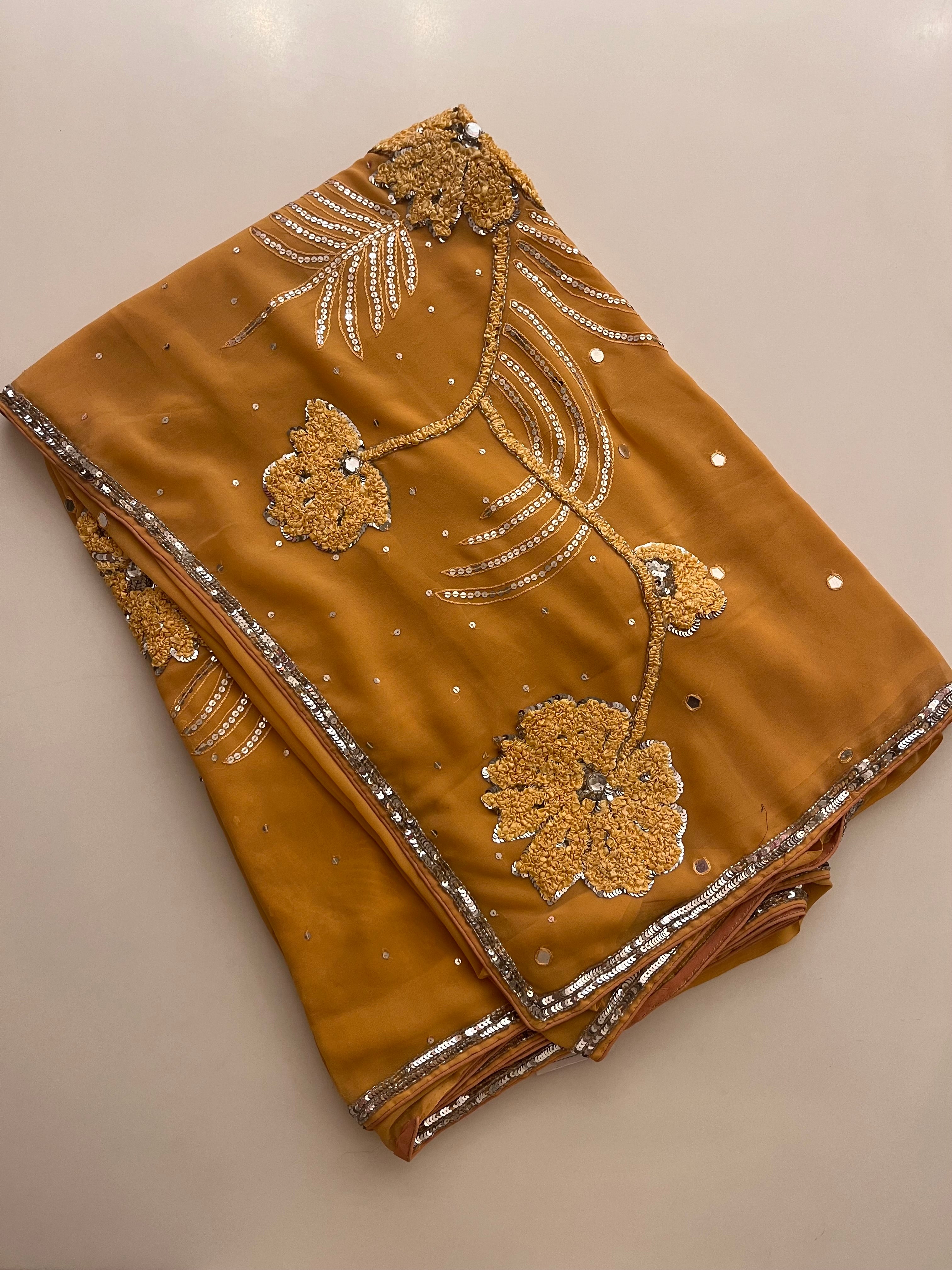 yellow flower georgette saree