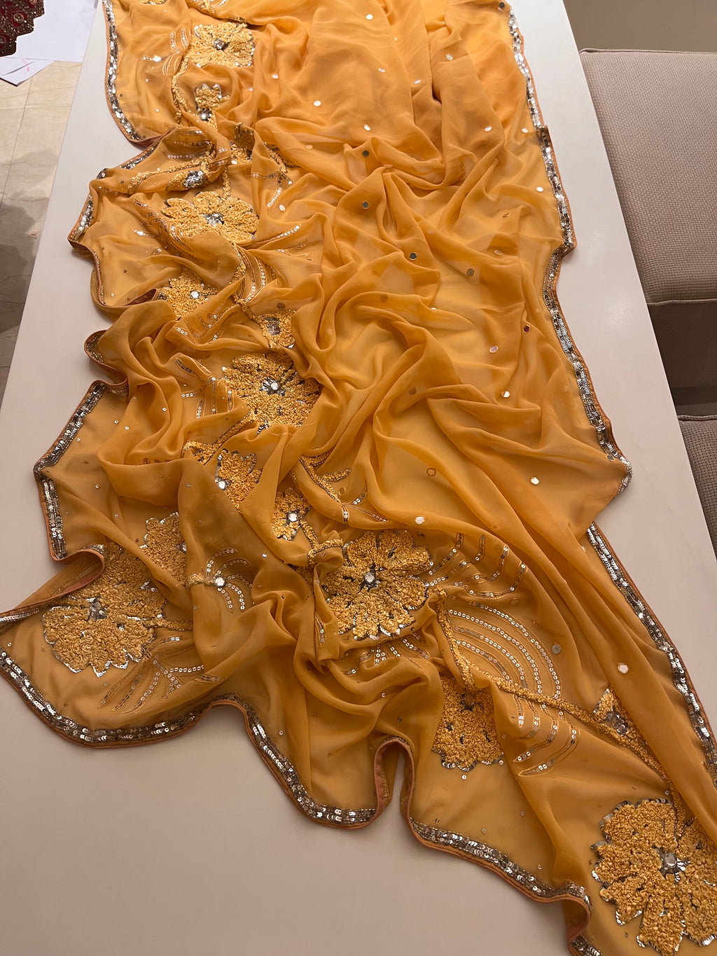 yellow flower georgette saree