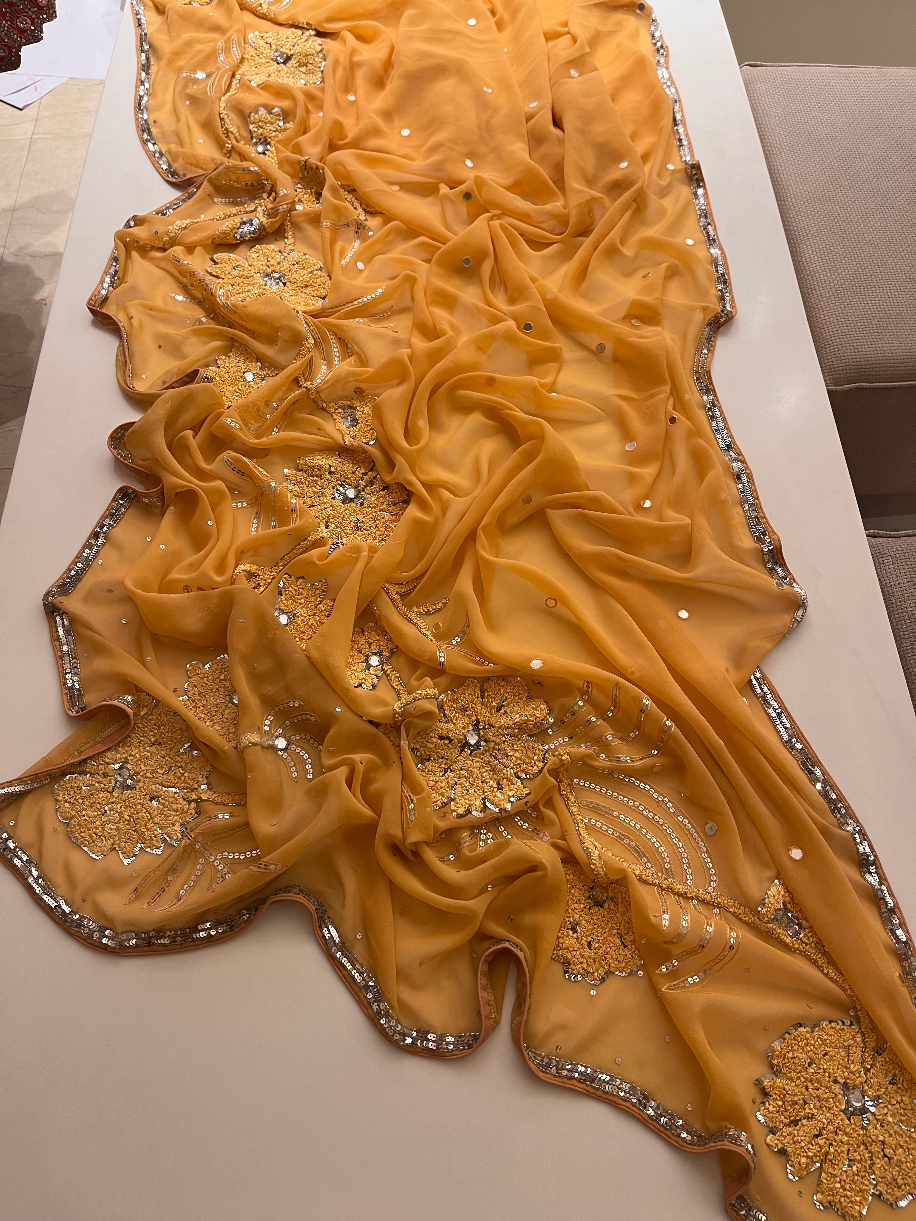 yellow flower georgette saree