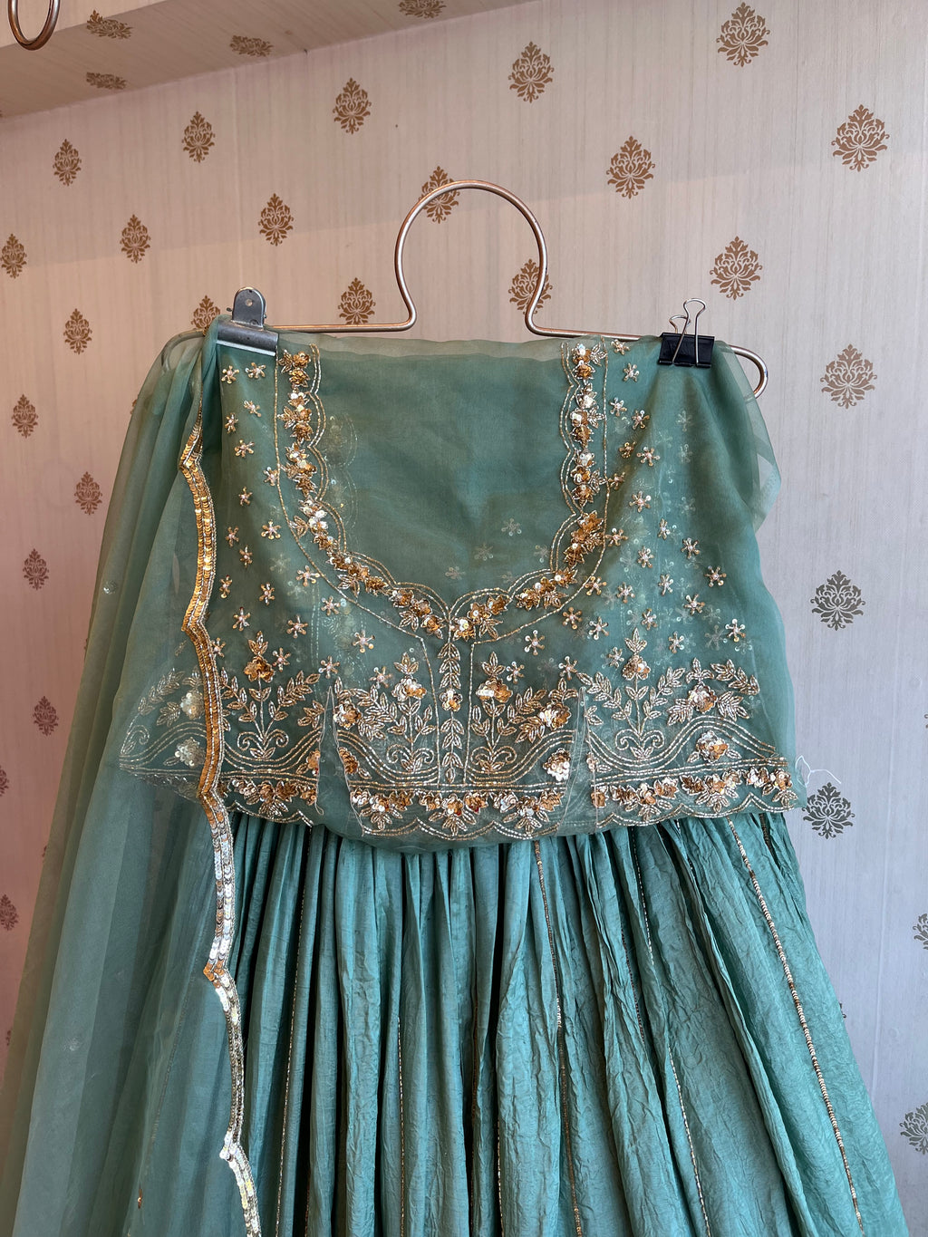 Green crushed lehenga set