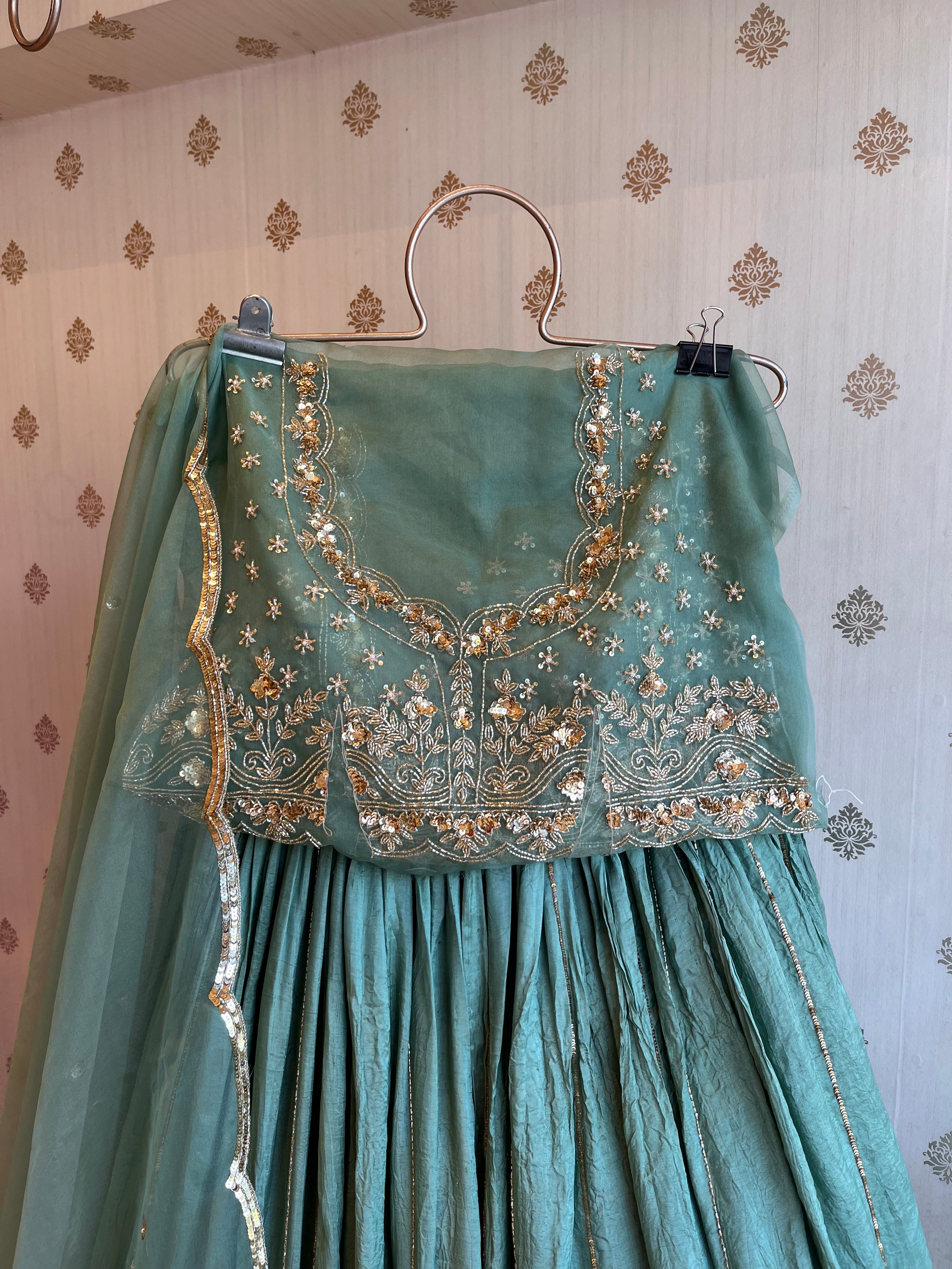 Green crushed lehenga set
