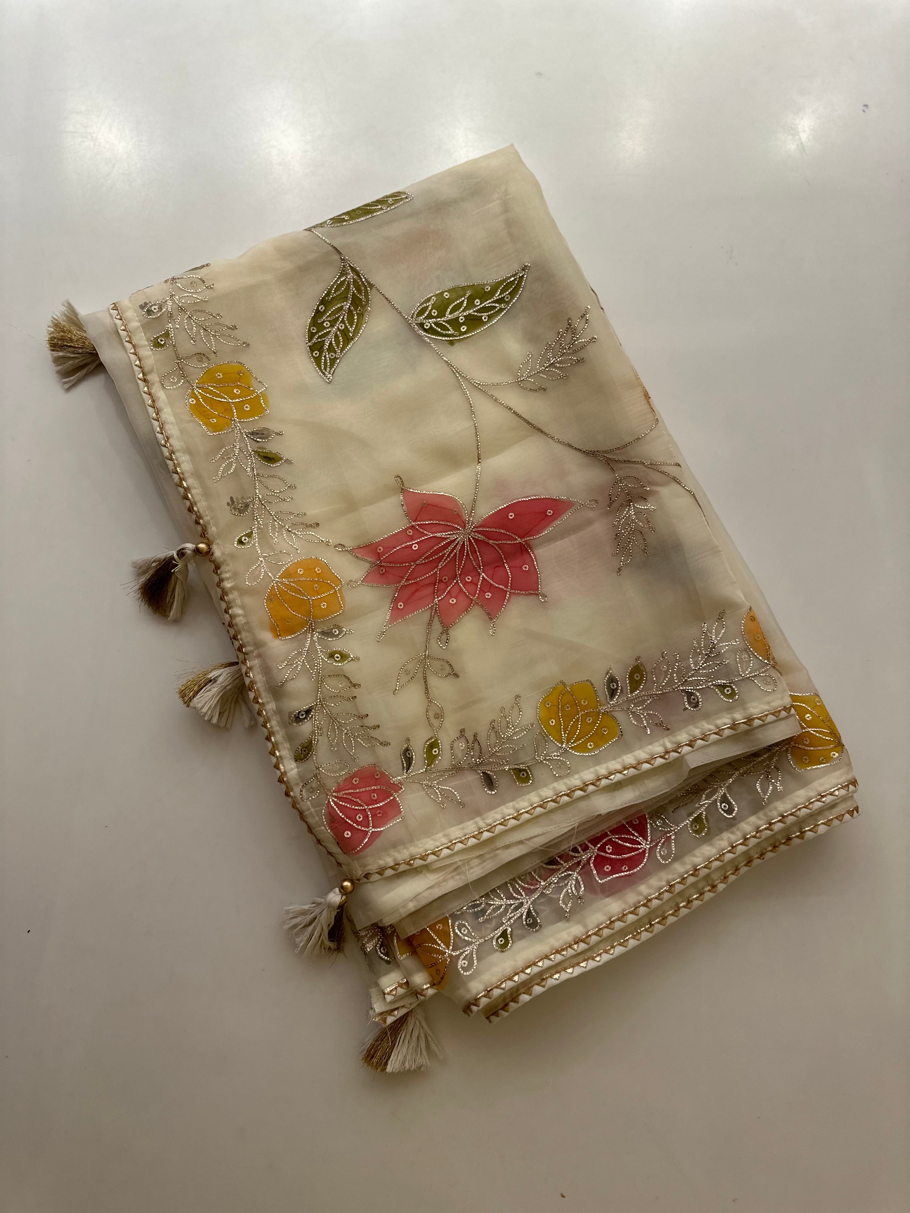 Cream Hand Appliqué Organza saree