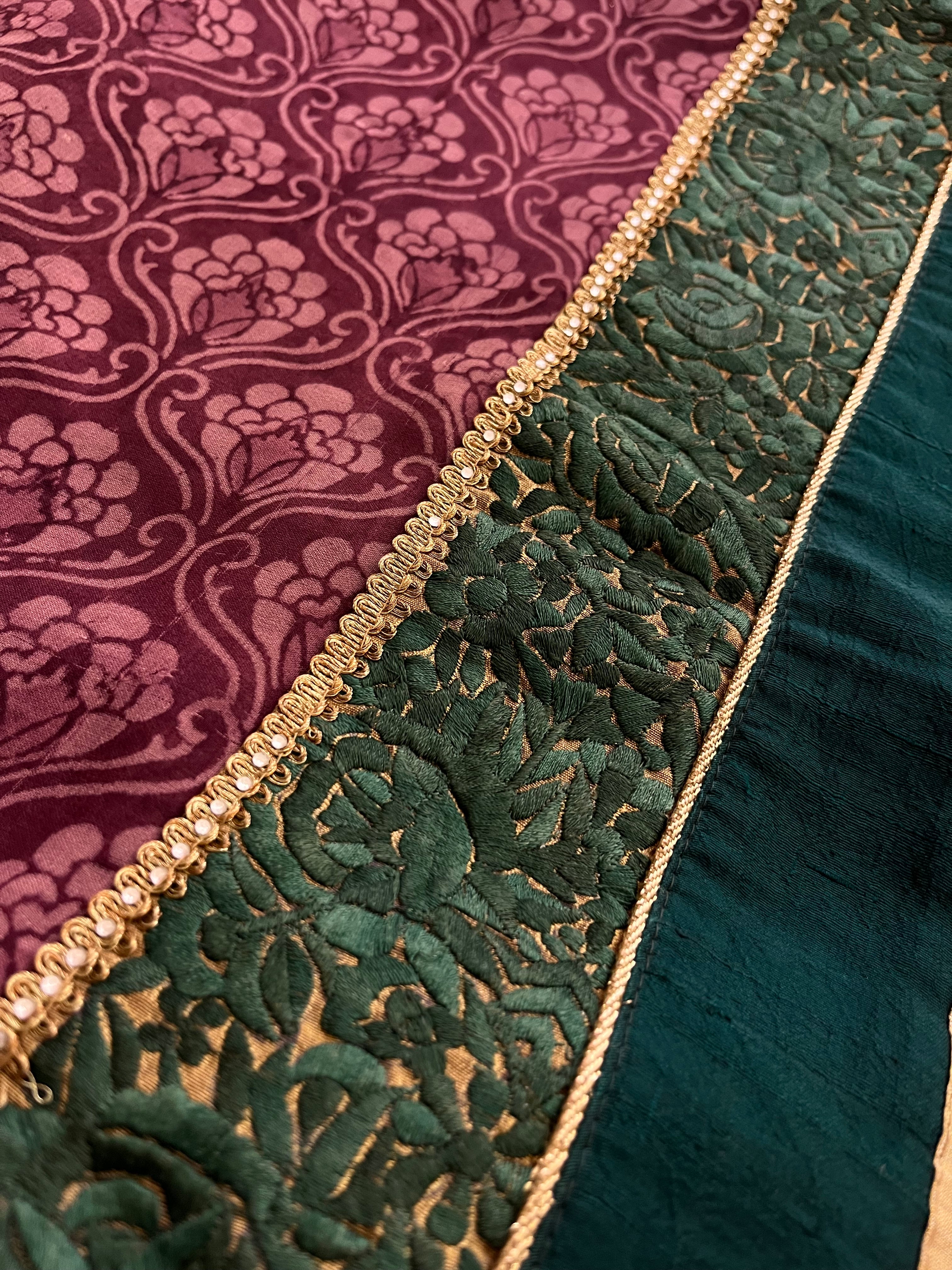 wine and green printed saree
