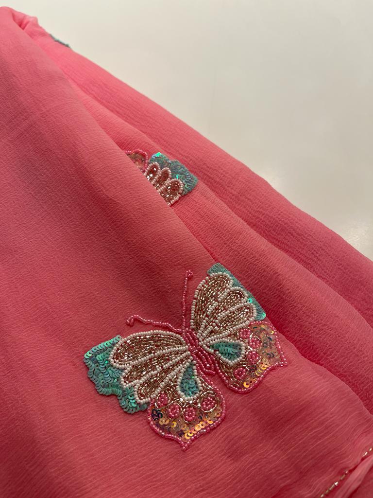 Strawberry pink chiffon saree