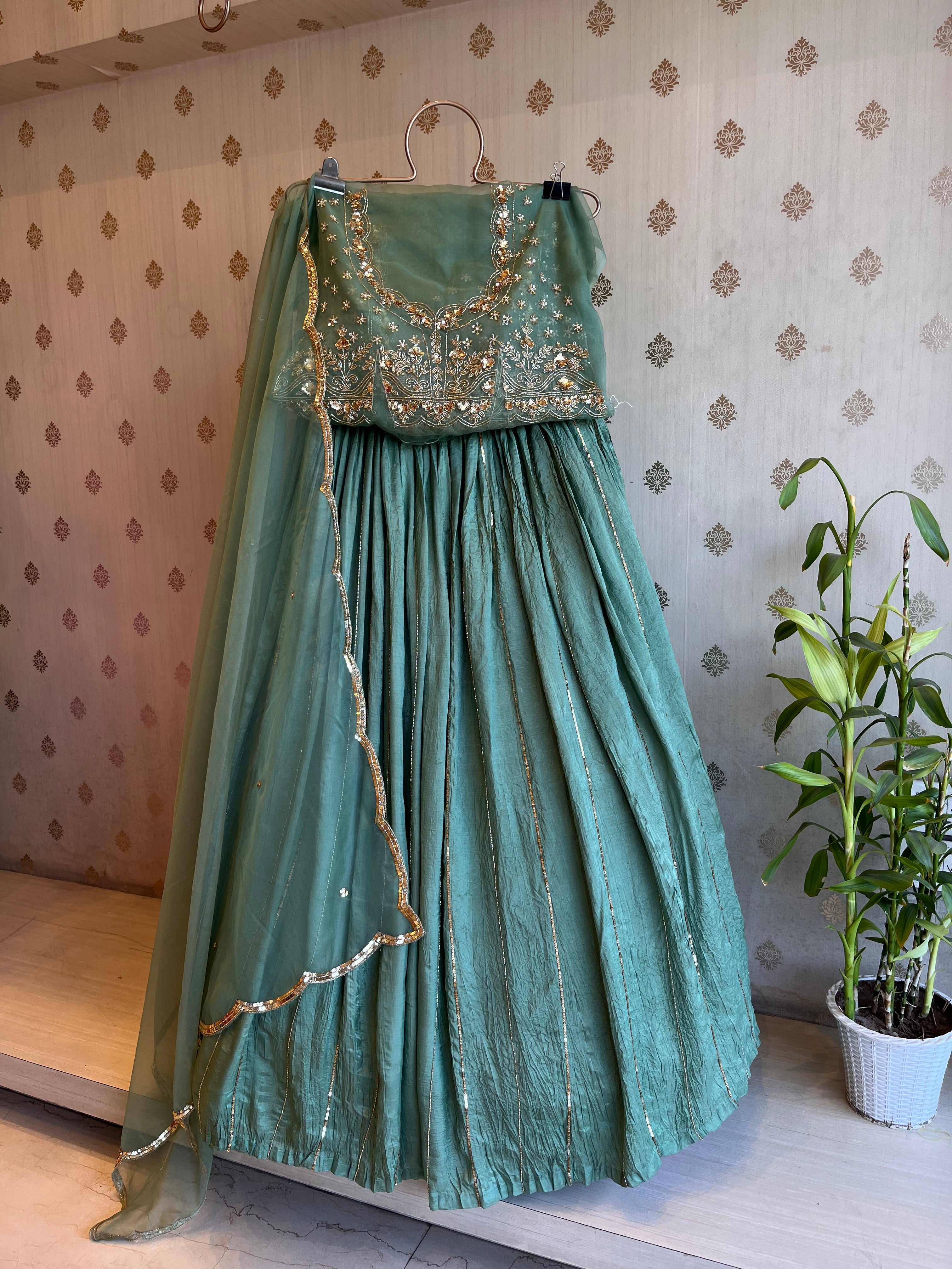 Green crushed lehenga set