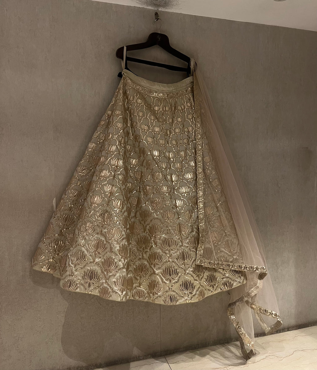 Gold Raw Silk Lotus Lehenga Set