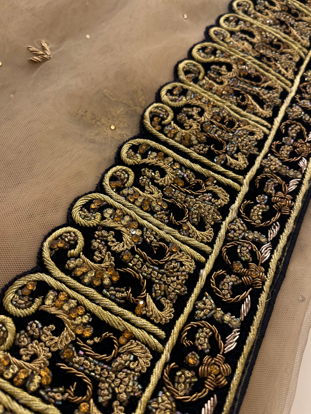 Beige Net & Velvet Saree