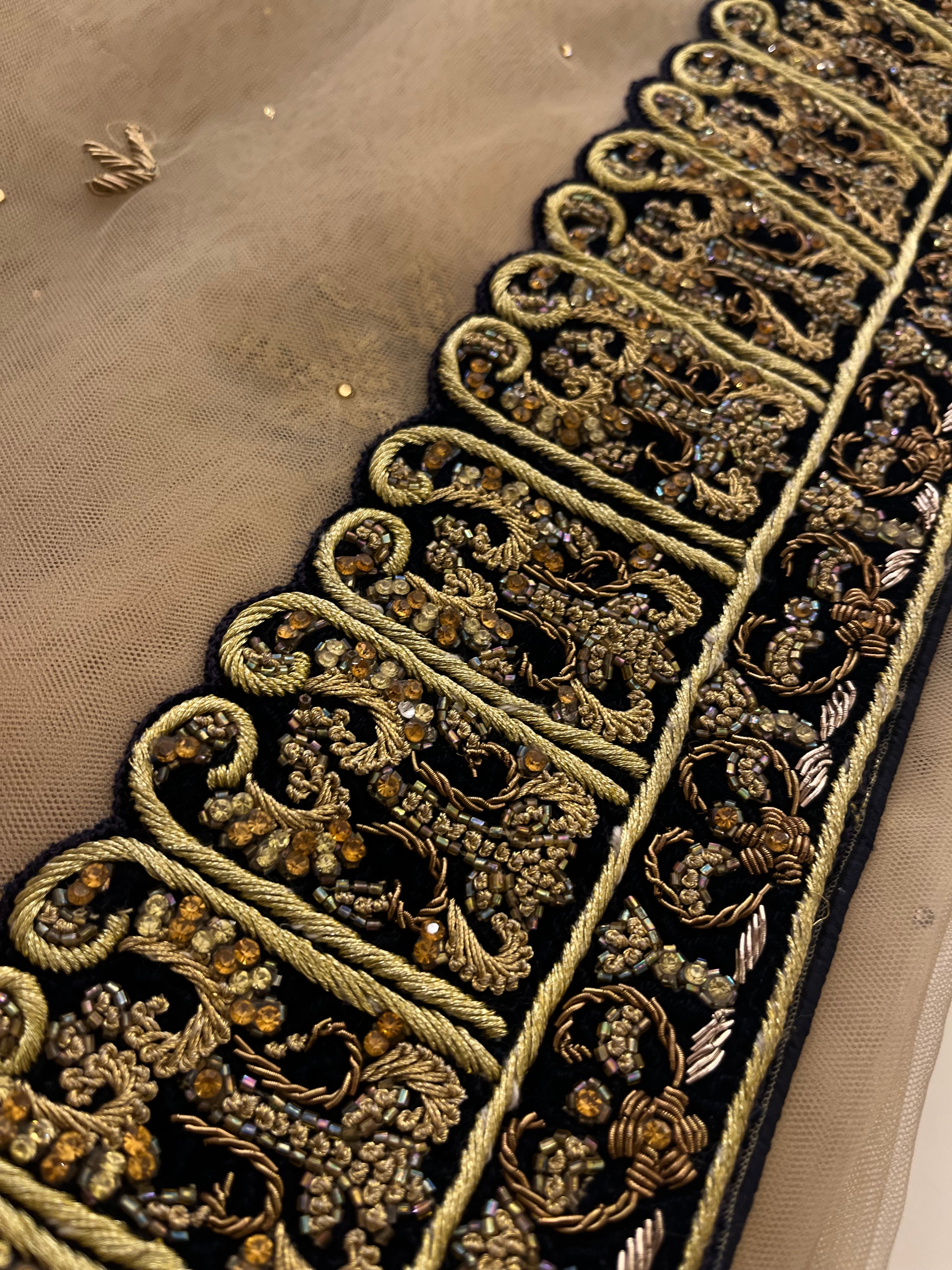 Beige Net & Velvet Saree