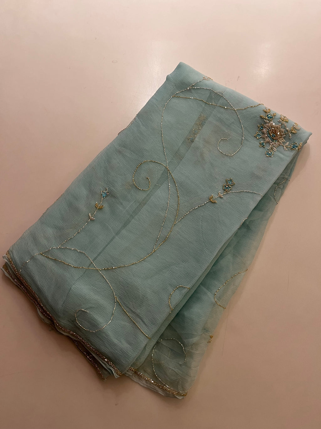 Aqua Blue pure chiffon saree
