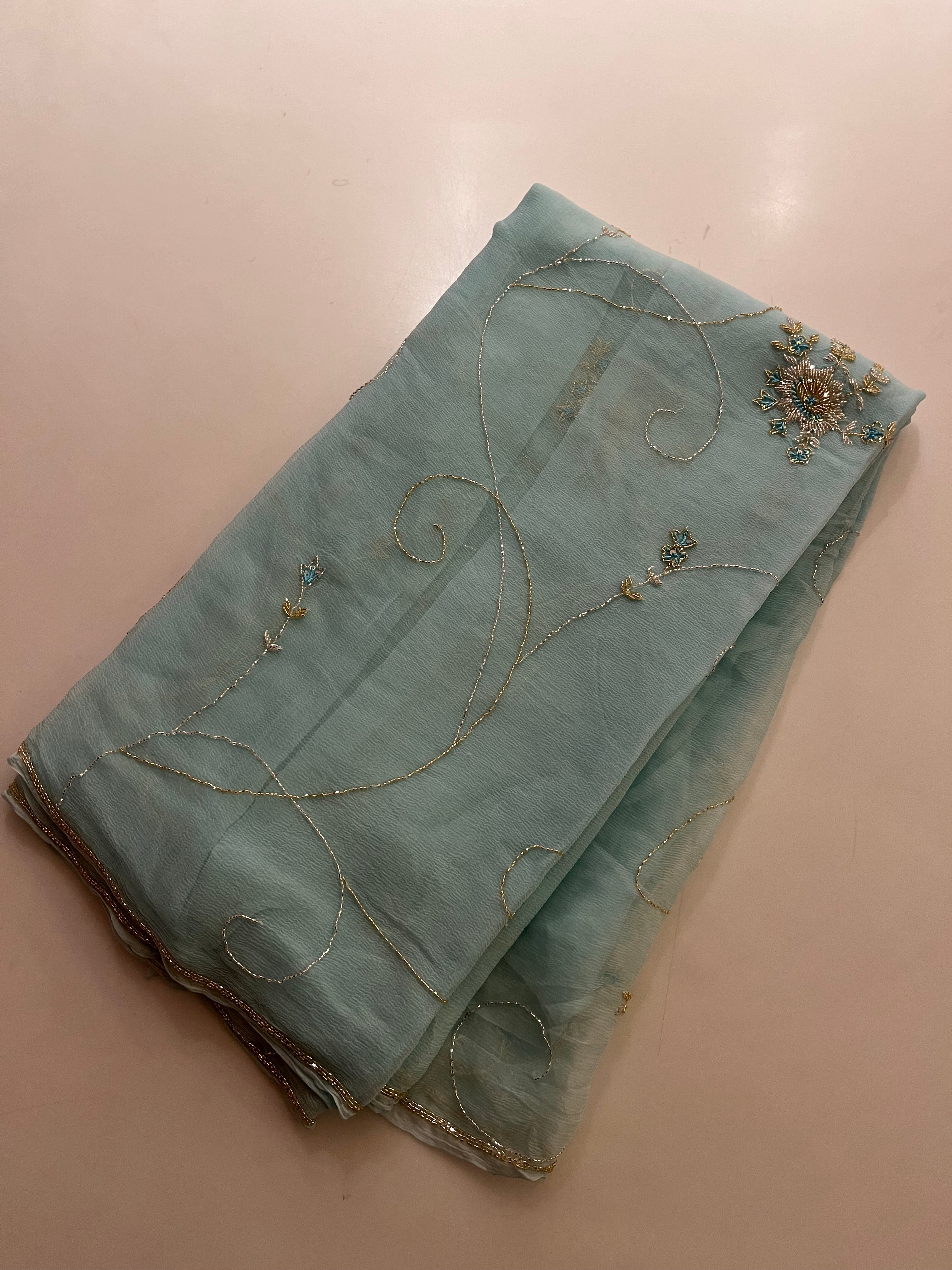 Aqua Blue pure chiffon saree