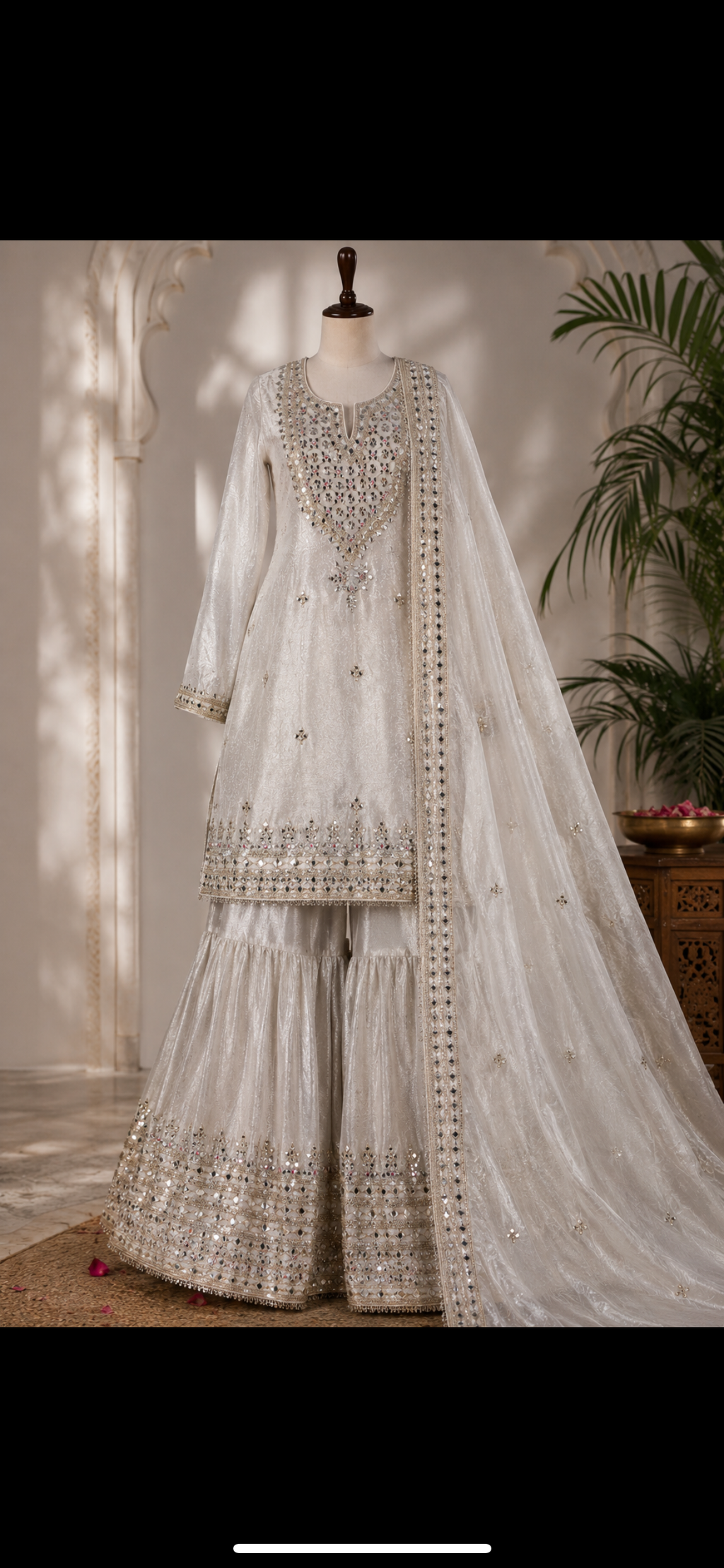 Silver tissue mirror work sharara