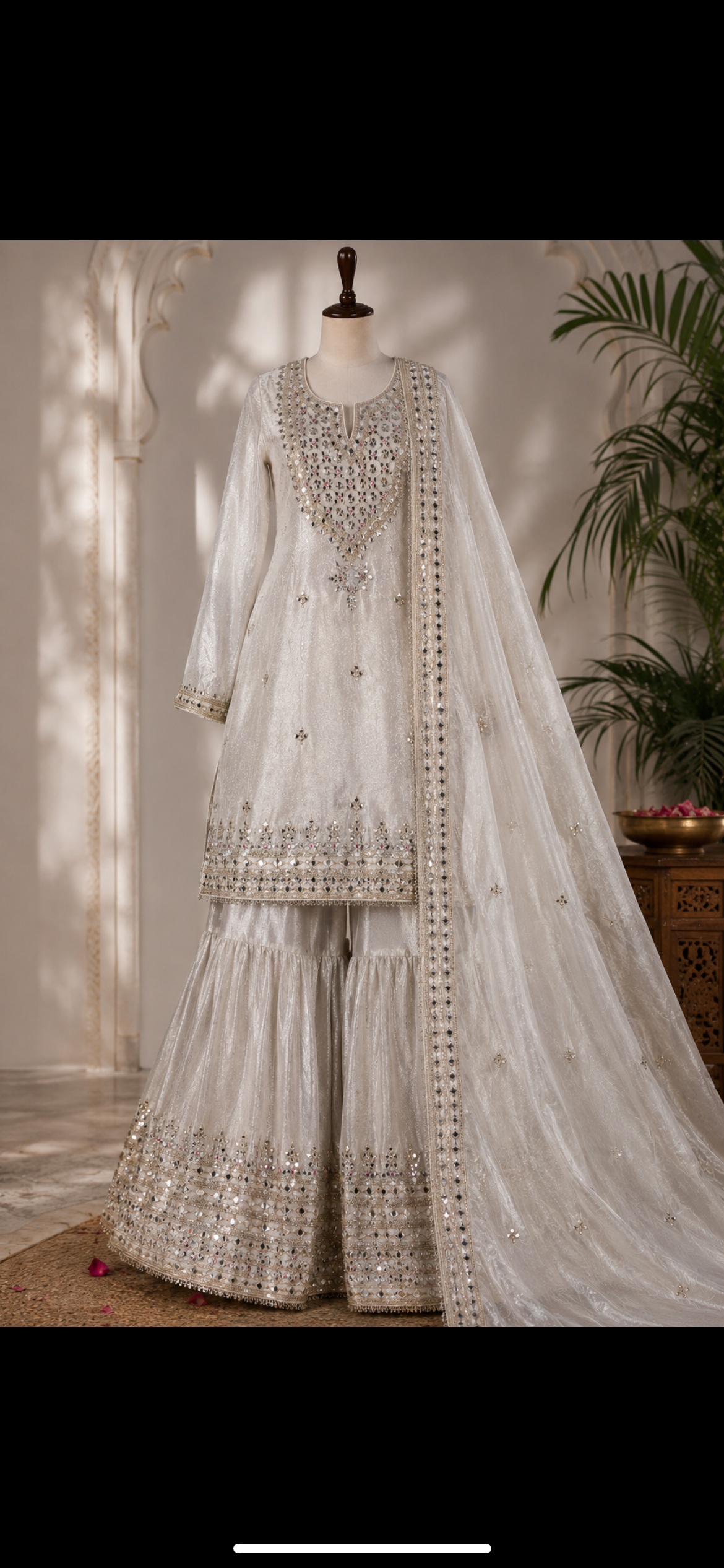 Silver tissue mirror work sharara