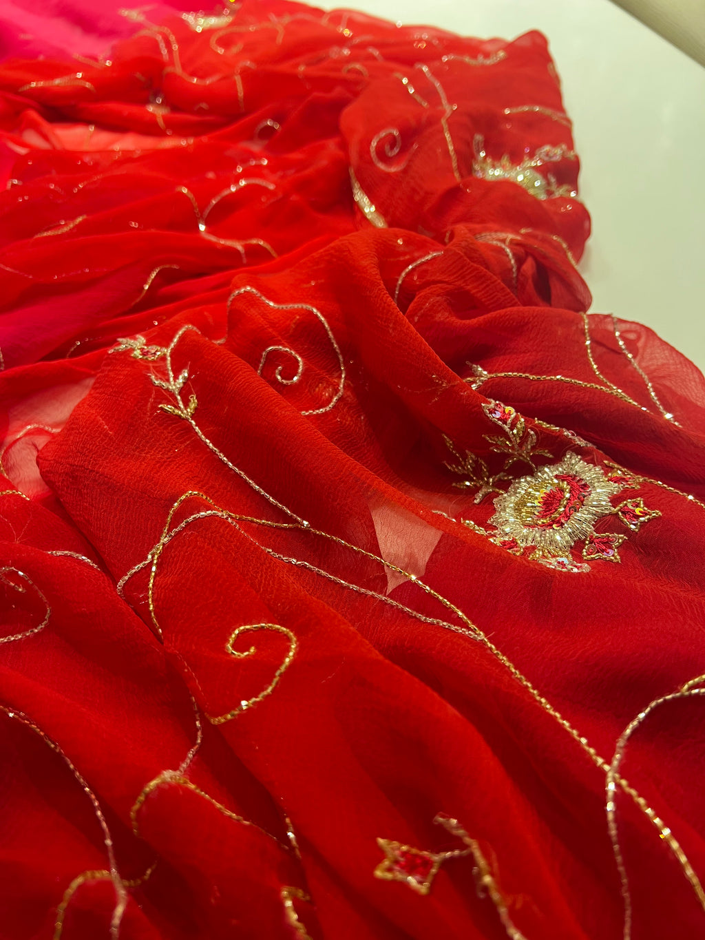 Rose handwork Cutdana jaal saree