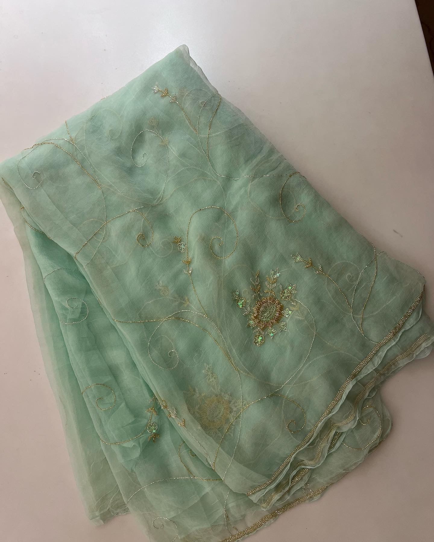 Rose handwork Cutdana jaal saree