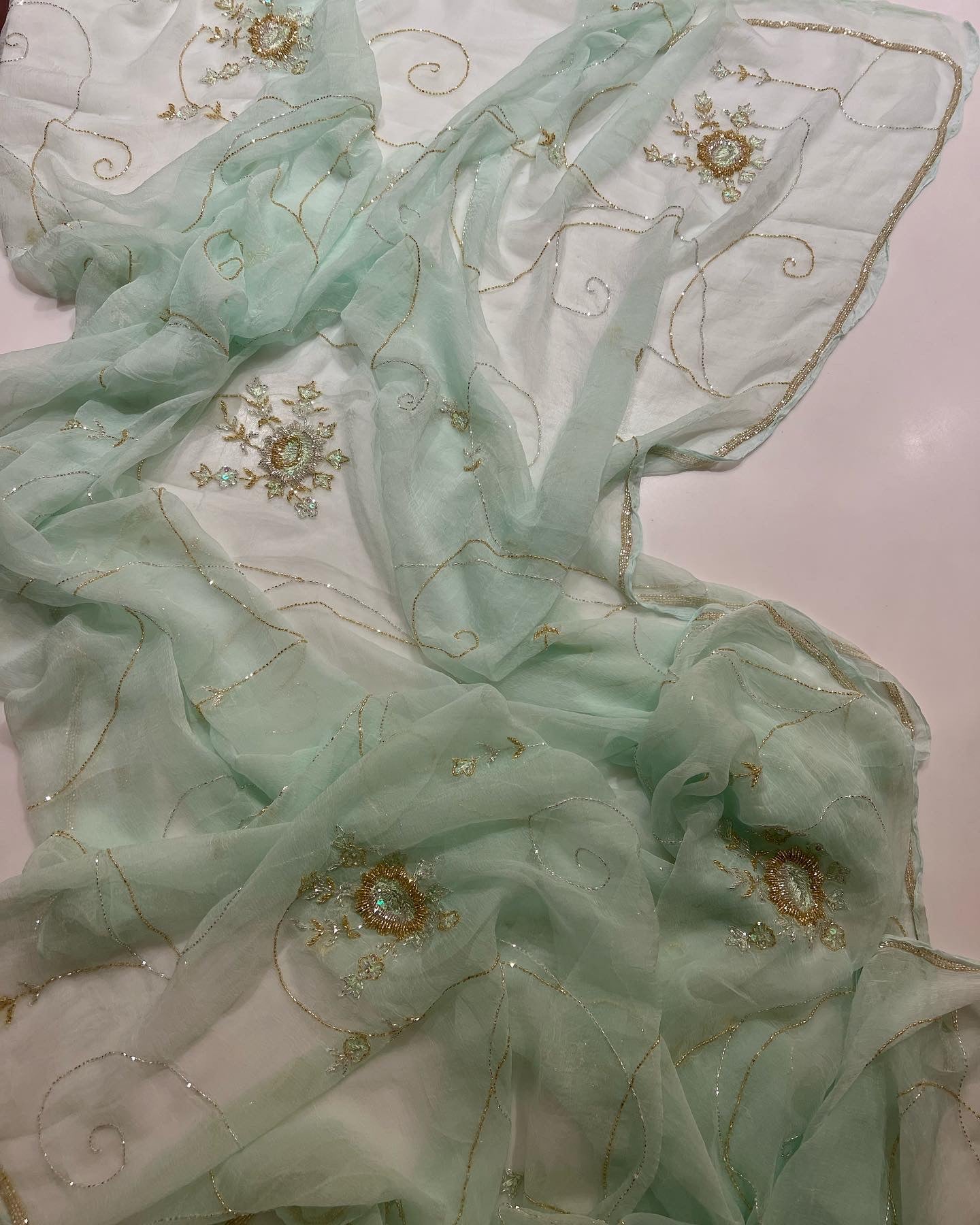 Rose handwork Cutdana jaal saree