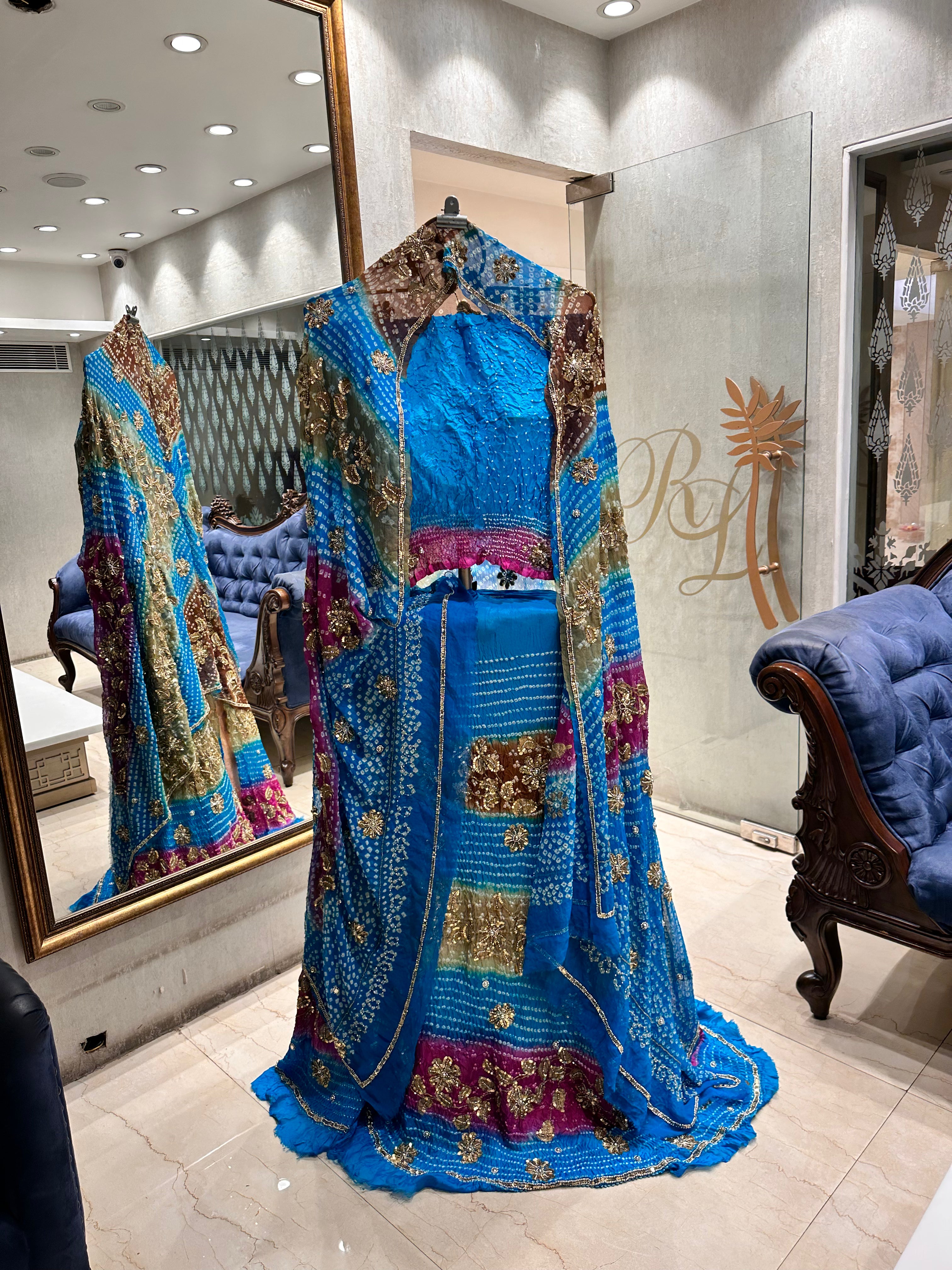 Blue pink bandhej heavy chaniyacholi set