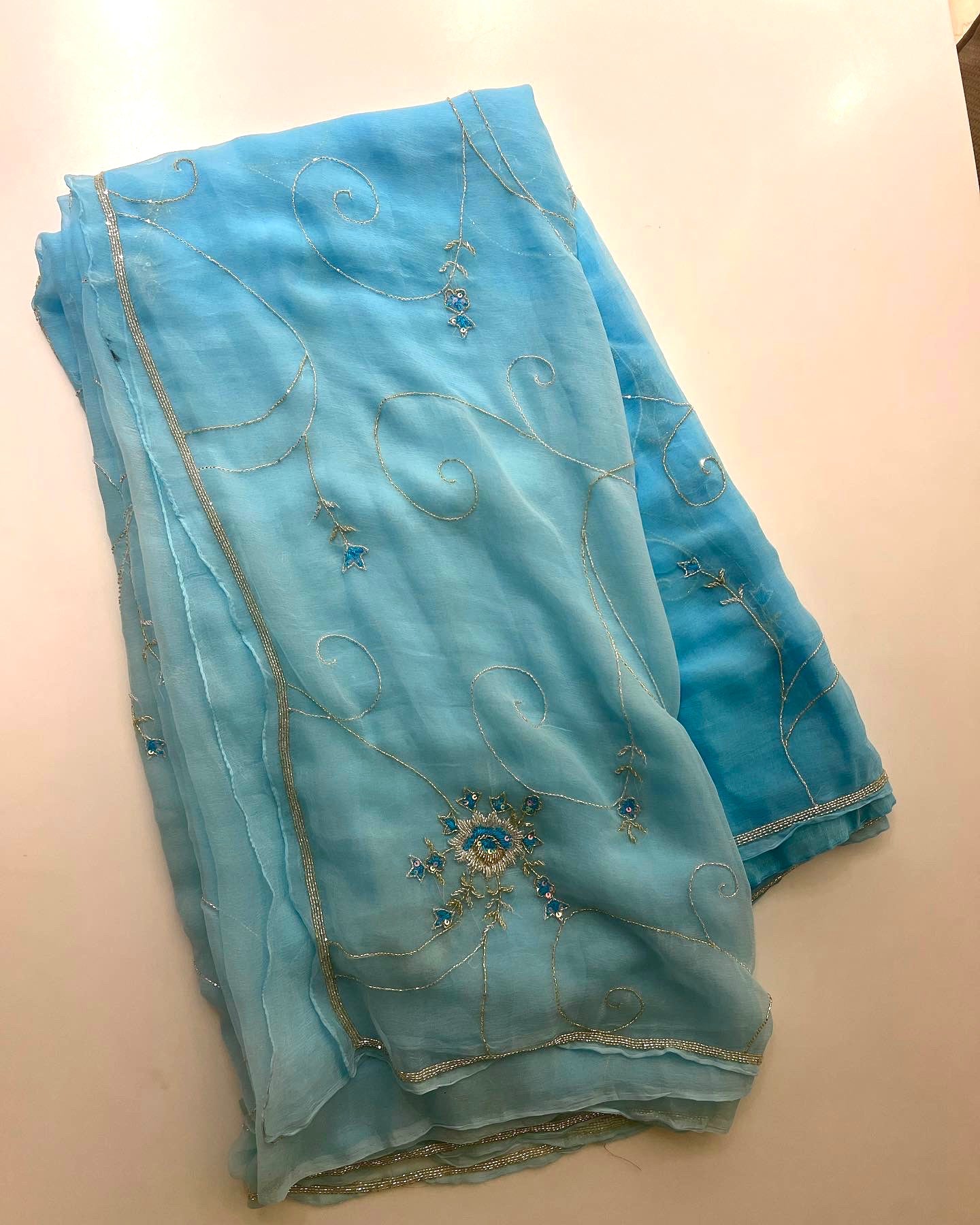 Rose handwork Cutdana jaal saree