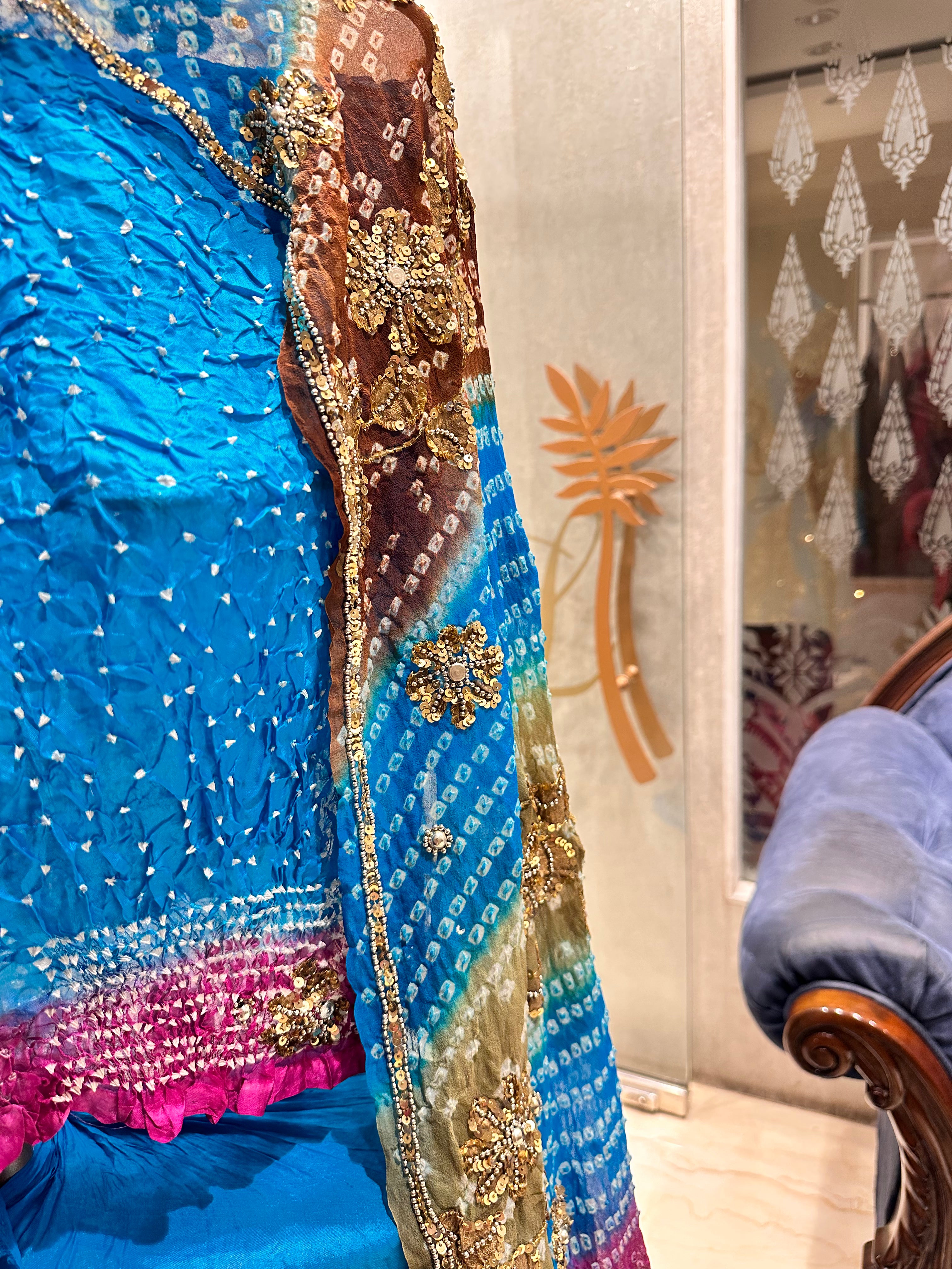 Blue pink bandhej heavy chaniyacholi set