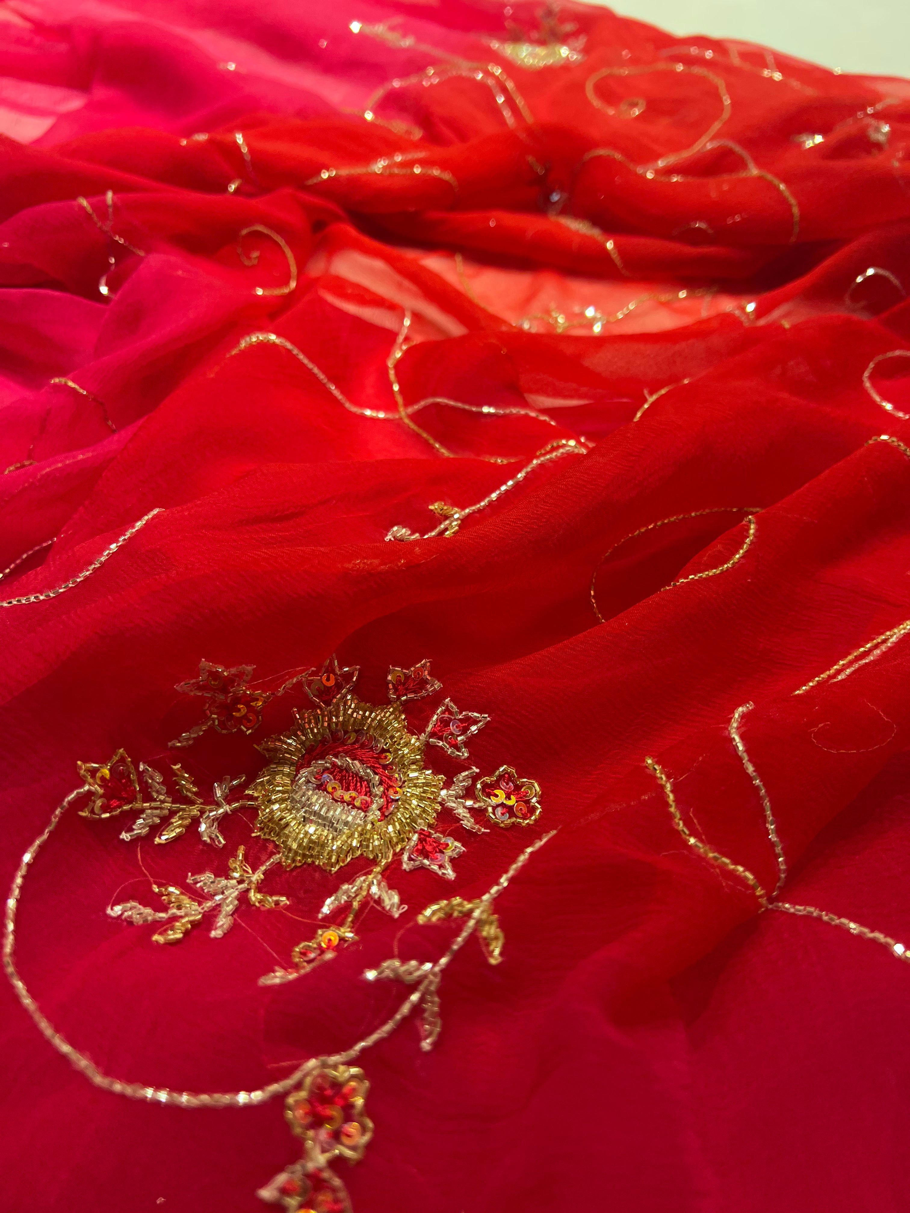 Rose handwork Cutdana jaal saree