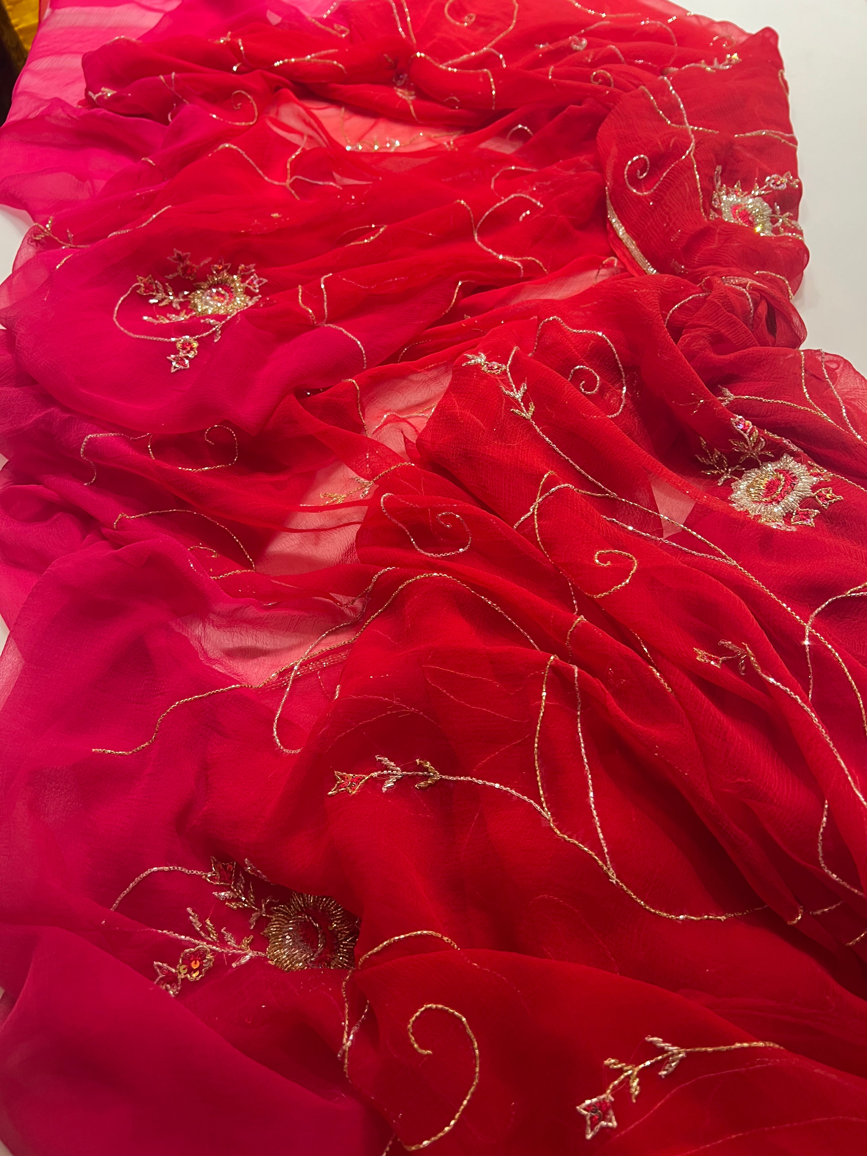 Rose handwork Cutdana jaal saree