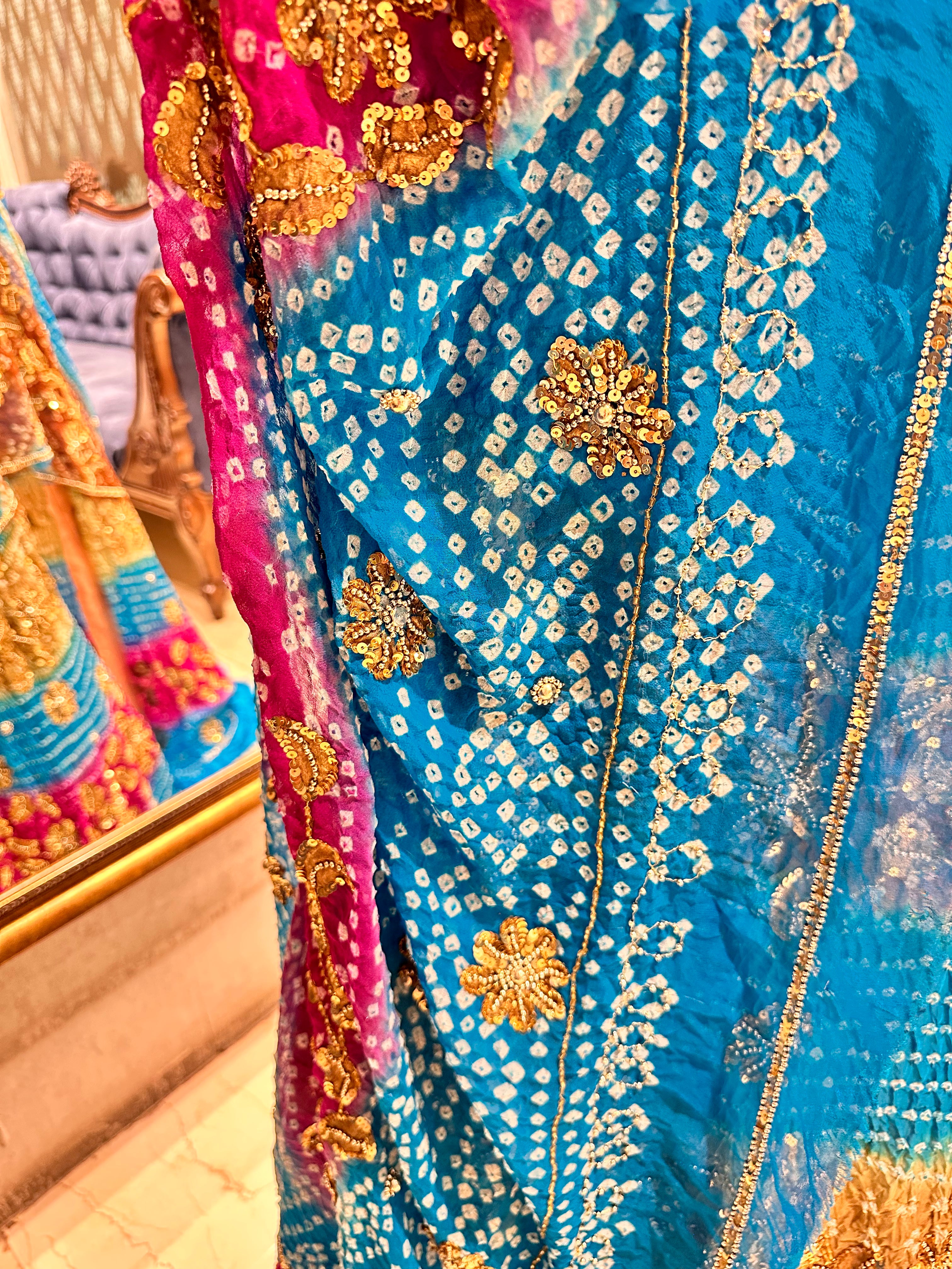 Blue pink bandhej heavy chaniyacholi set