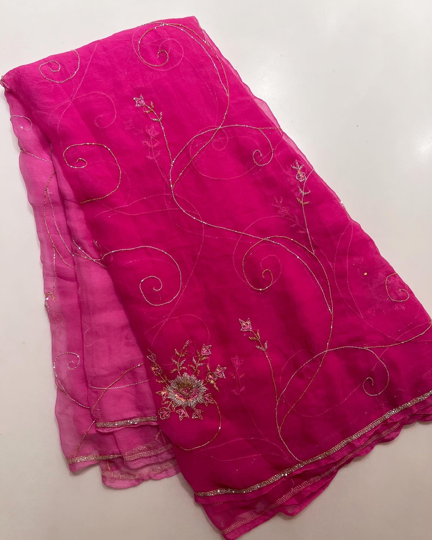 Rose handwork Cutdana jaal saree