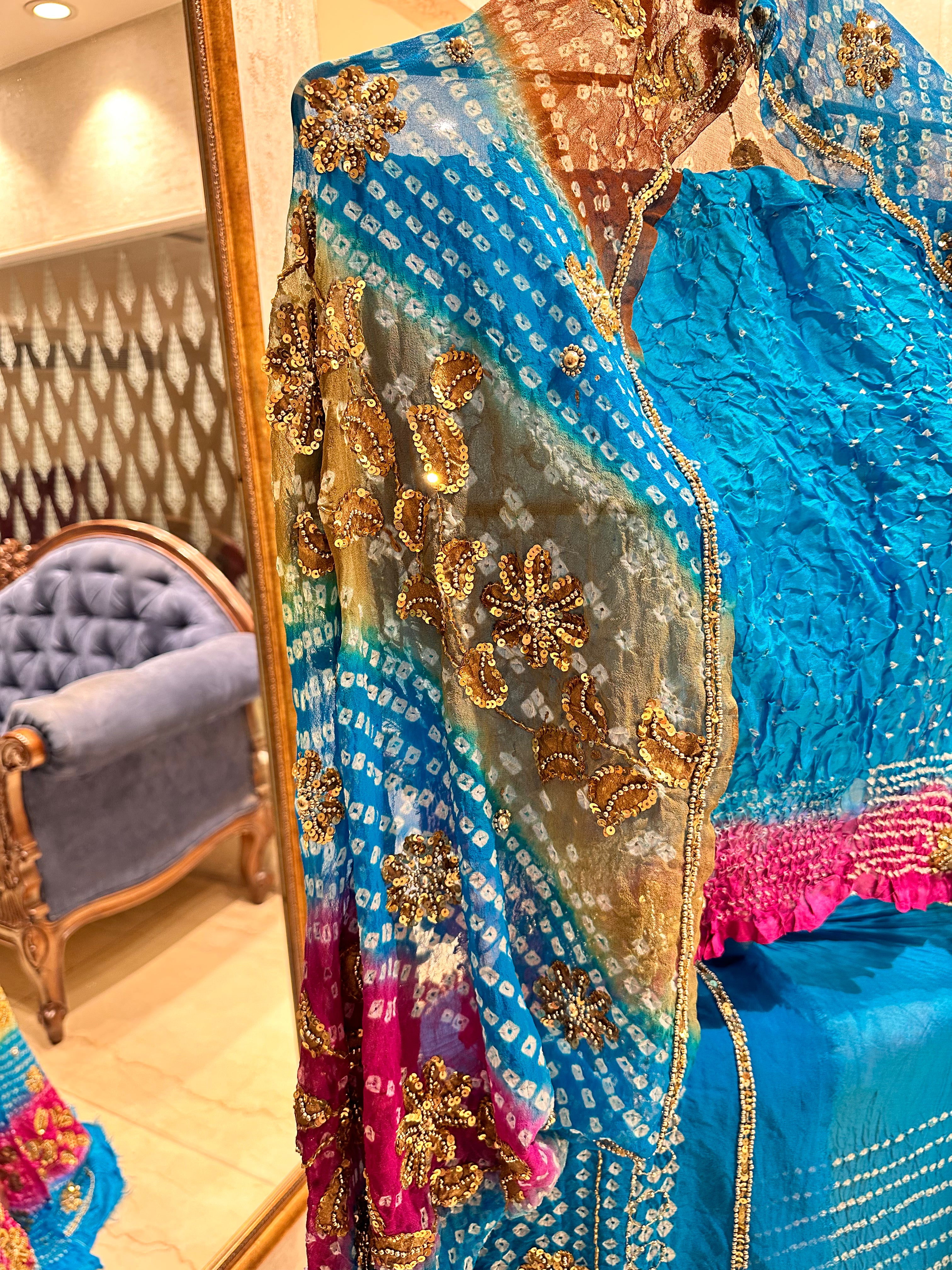 Blue pink bandhej heavy chaniyacholi set