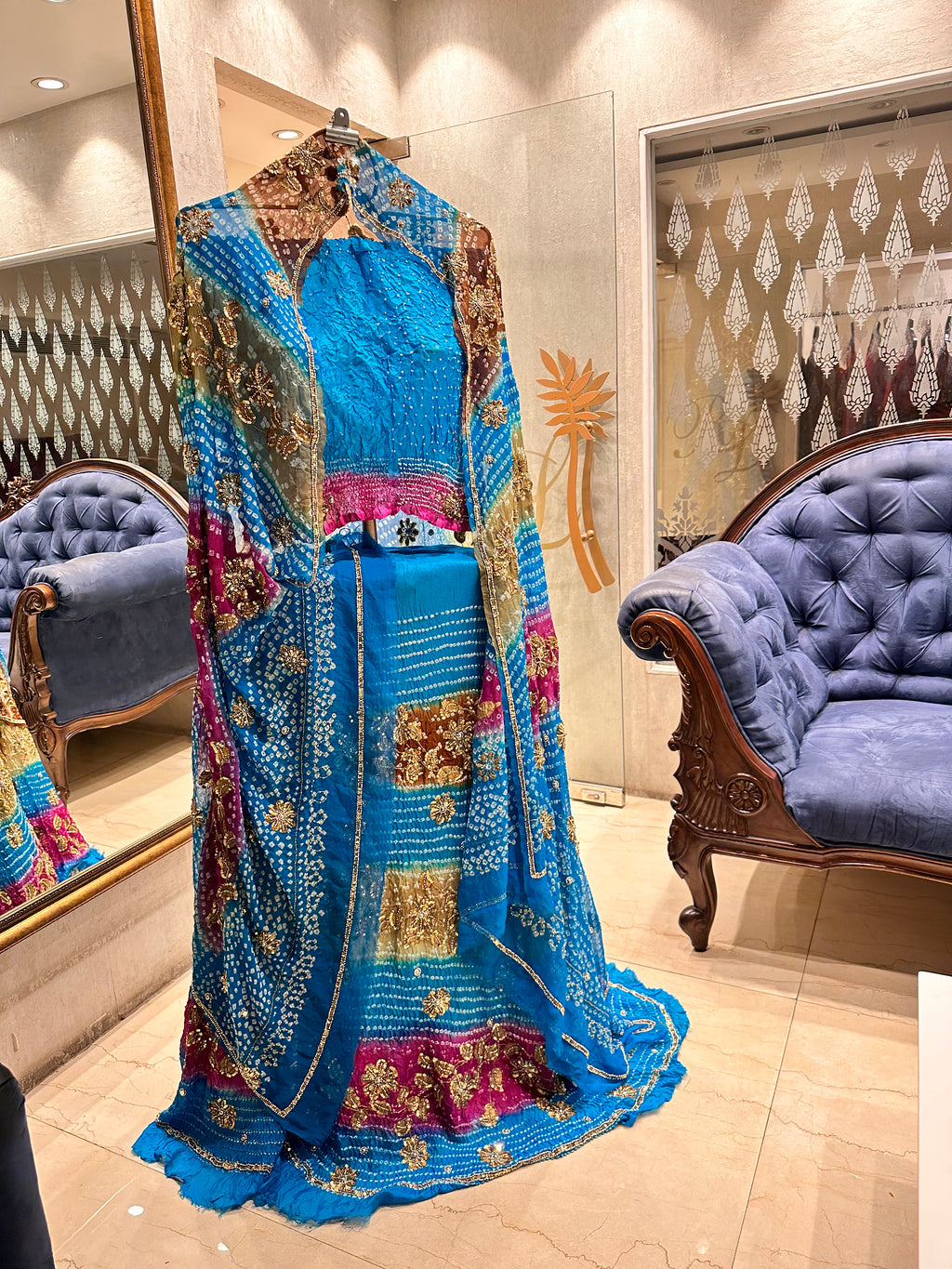 Blue pink bandhej heavy chaniyacholi set