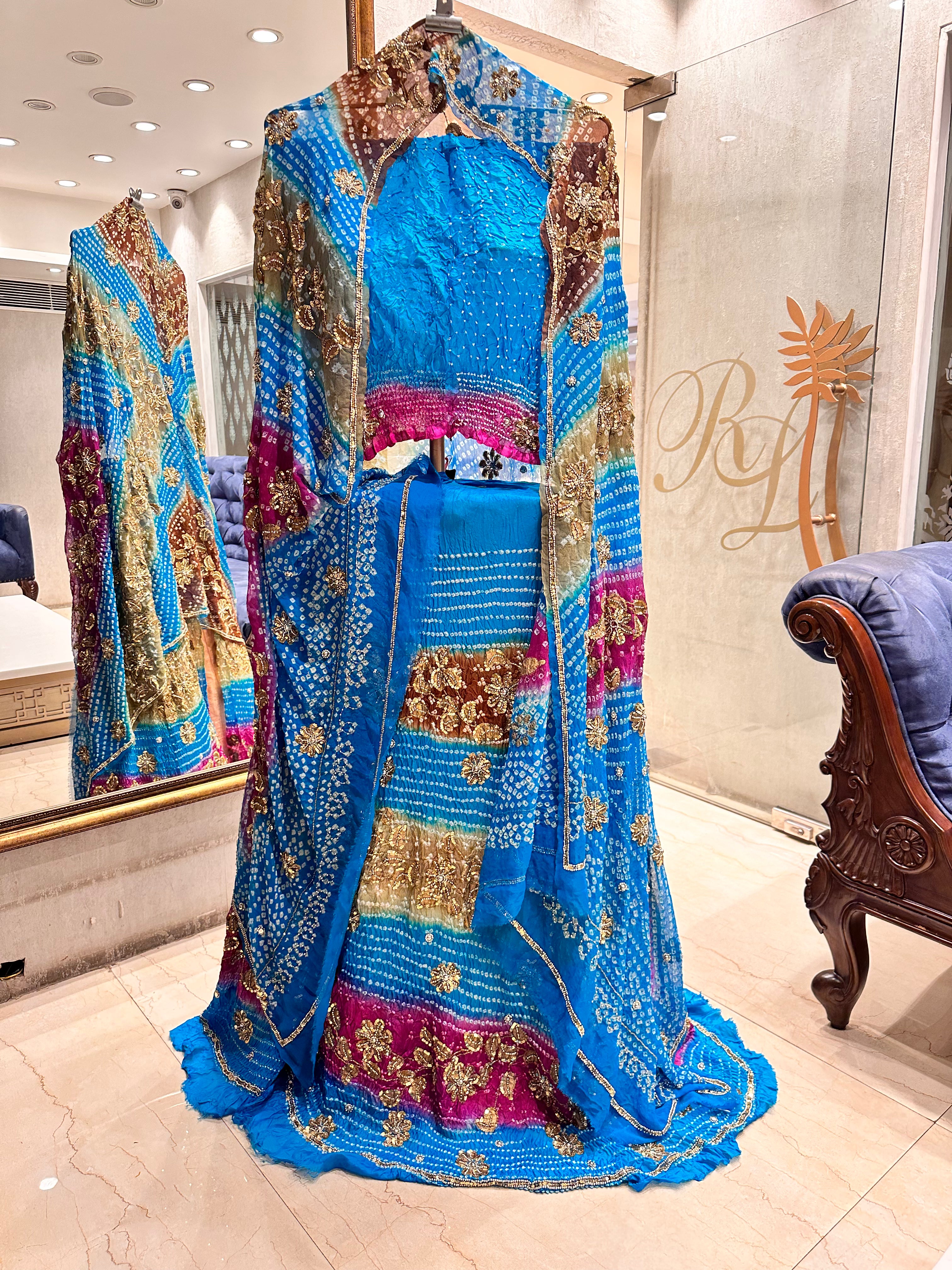 Blue pink bandhej heavy chaniyacholi set