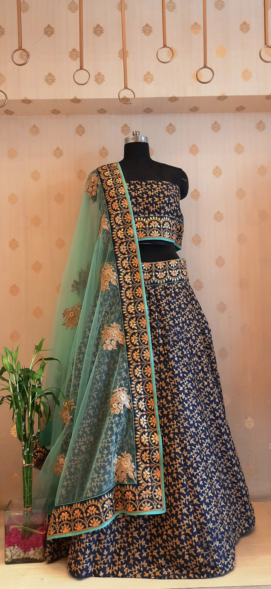 Navy Jal Work Lehenga