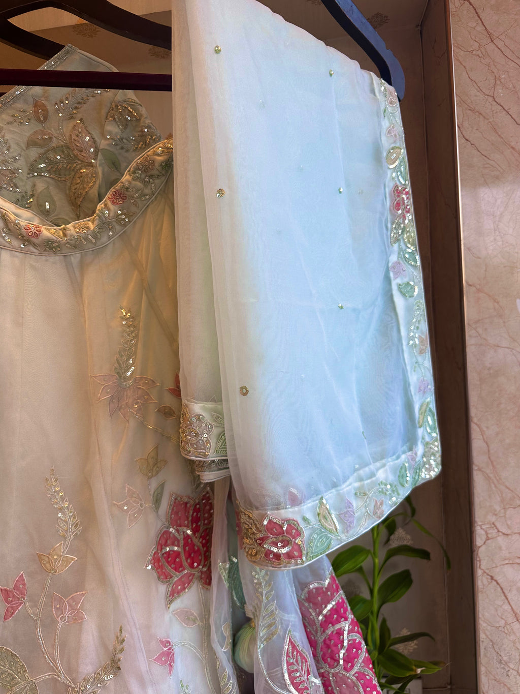 Aqua organza handwork appliqué lehenga
