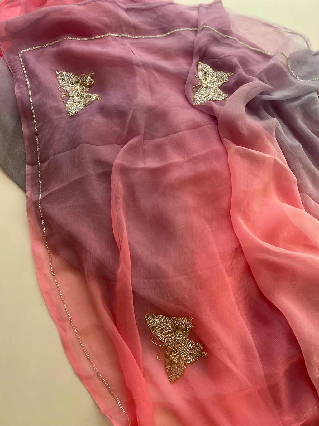 Wine and Powder pink Chiffon saree