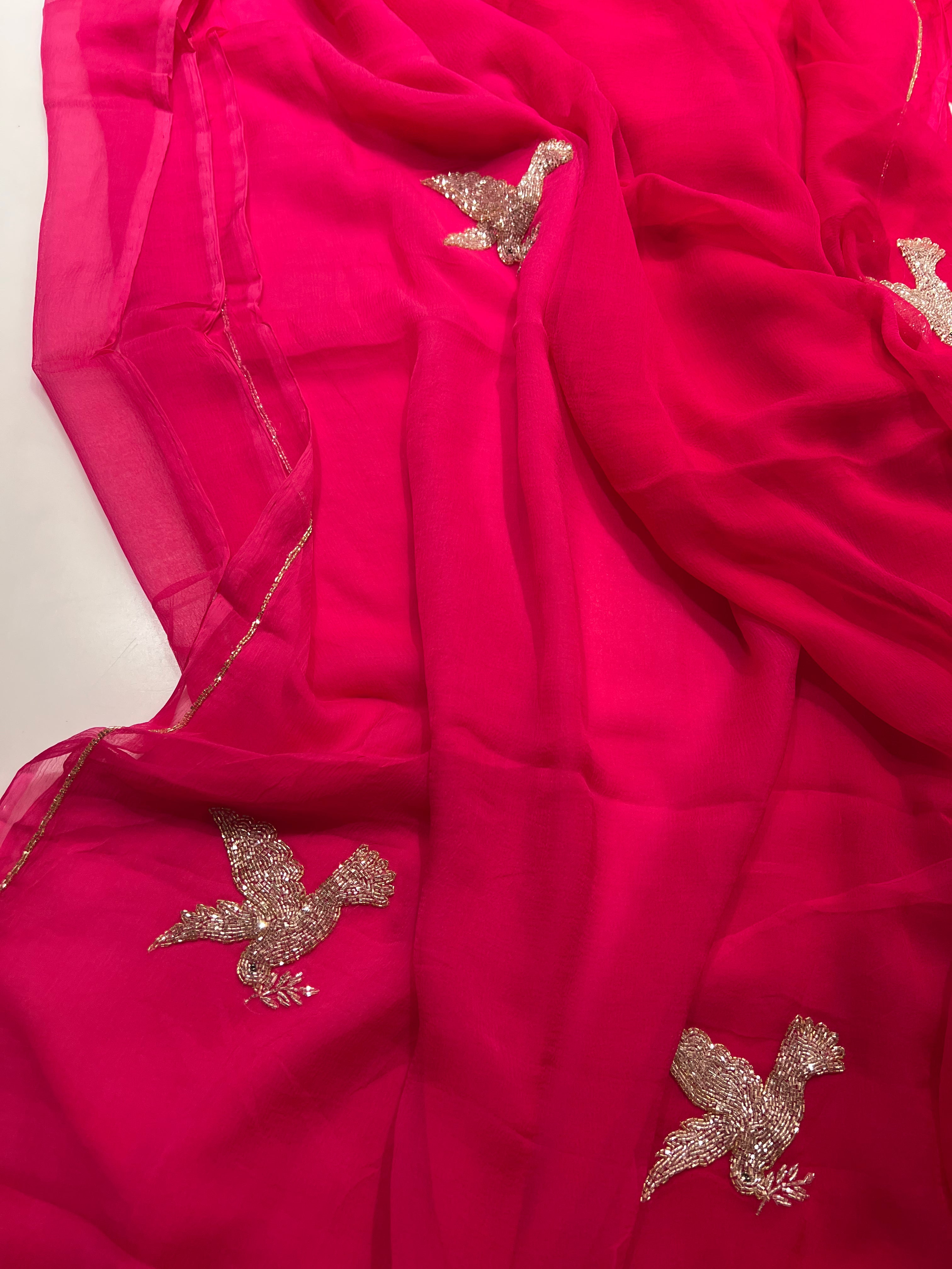 Red Rani bird Chiffon Saree