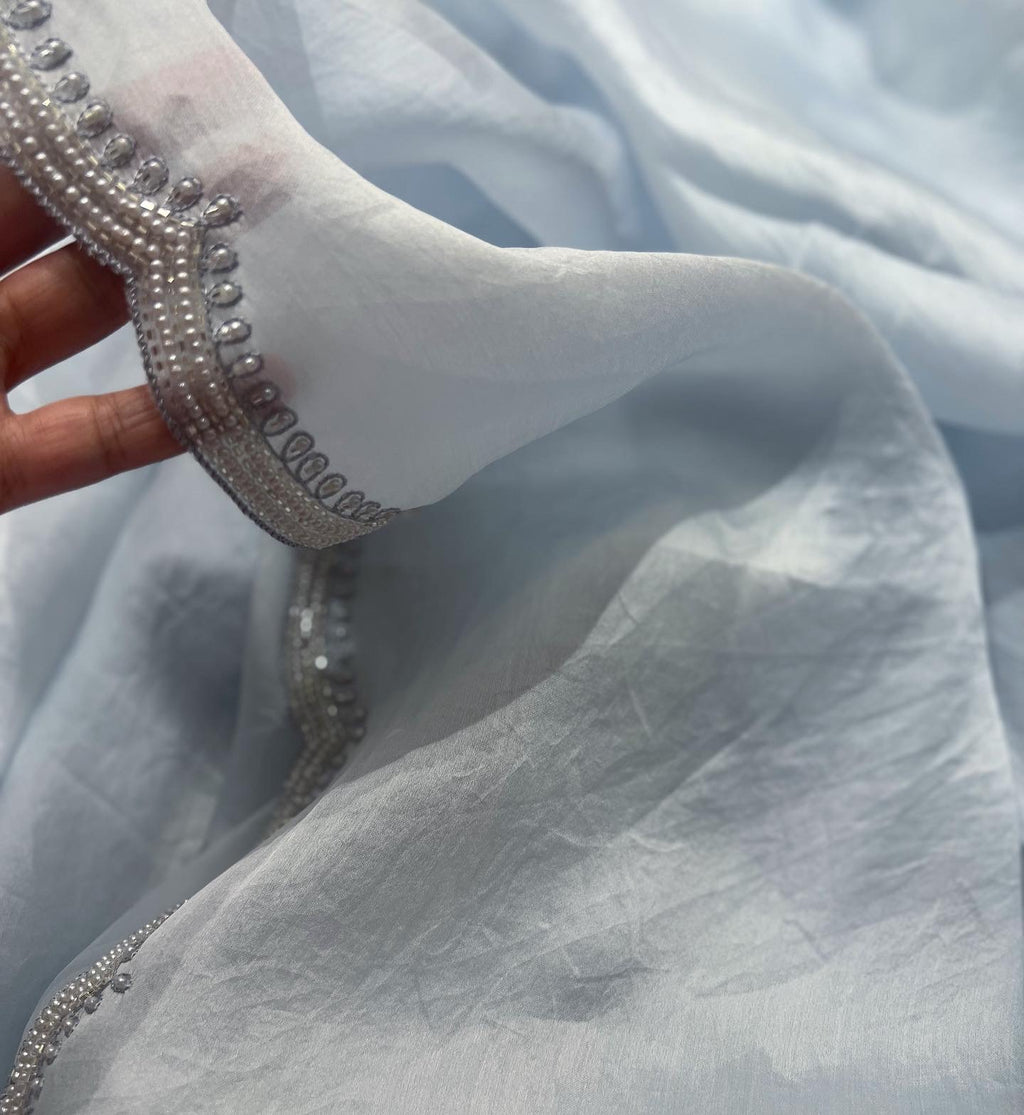 Ice blue pure satin organza saree