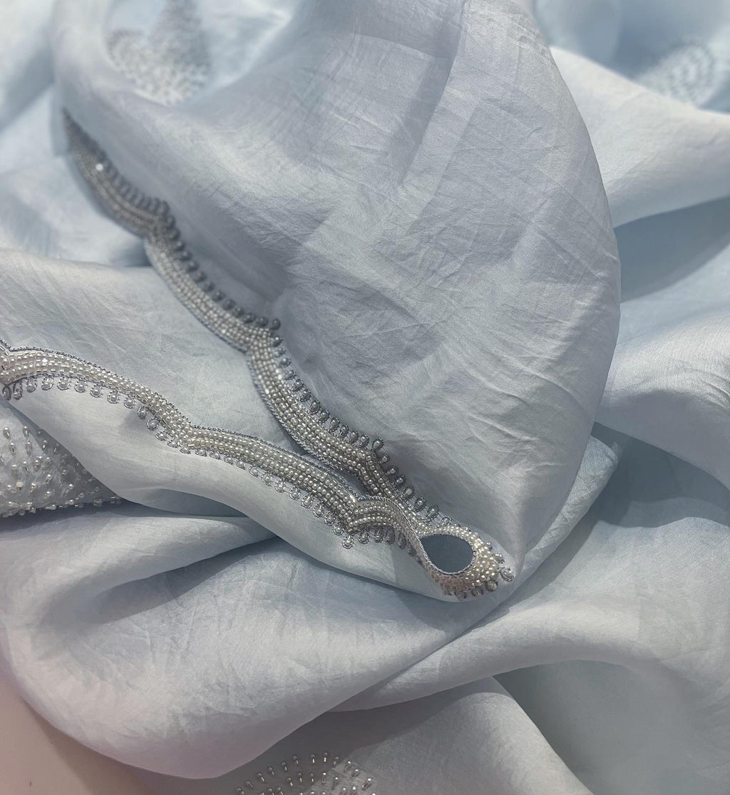 Ice blue pure satin organza saree