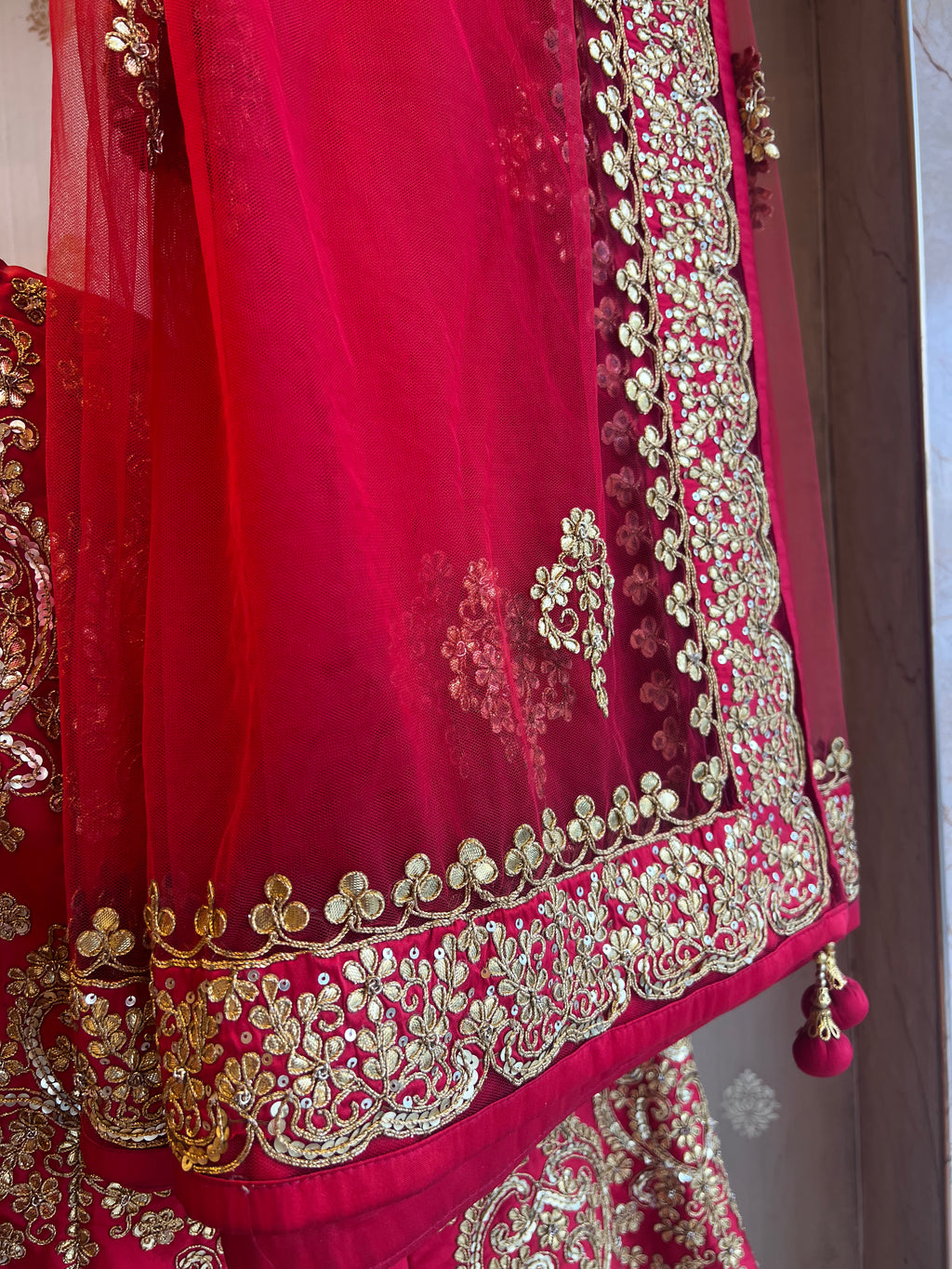 Red handwork gotapatti lehenga