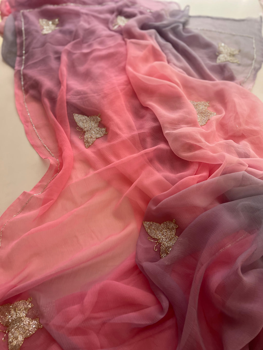 Wine and Powder pink Chiffon saree
