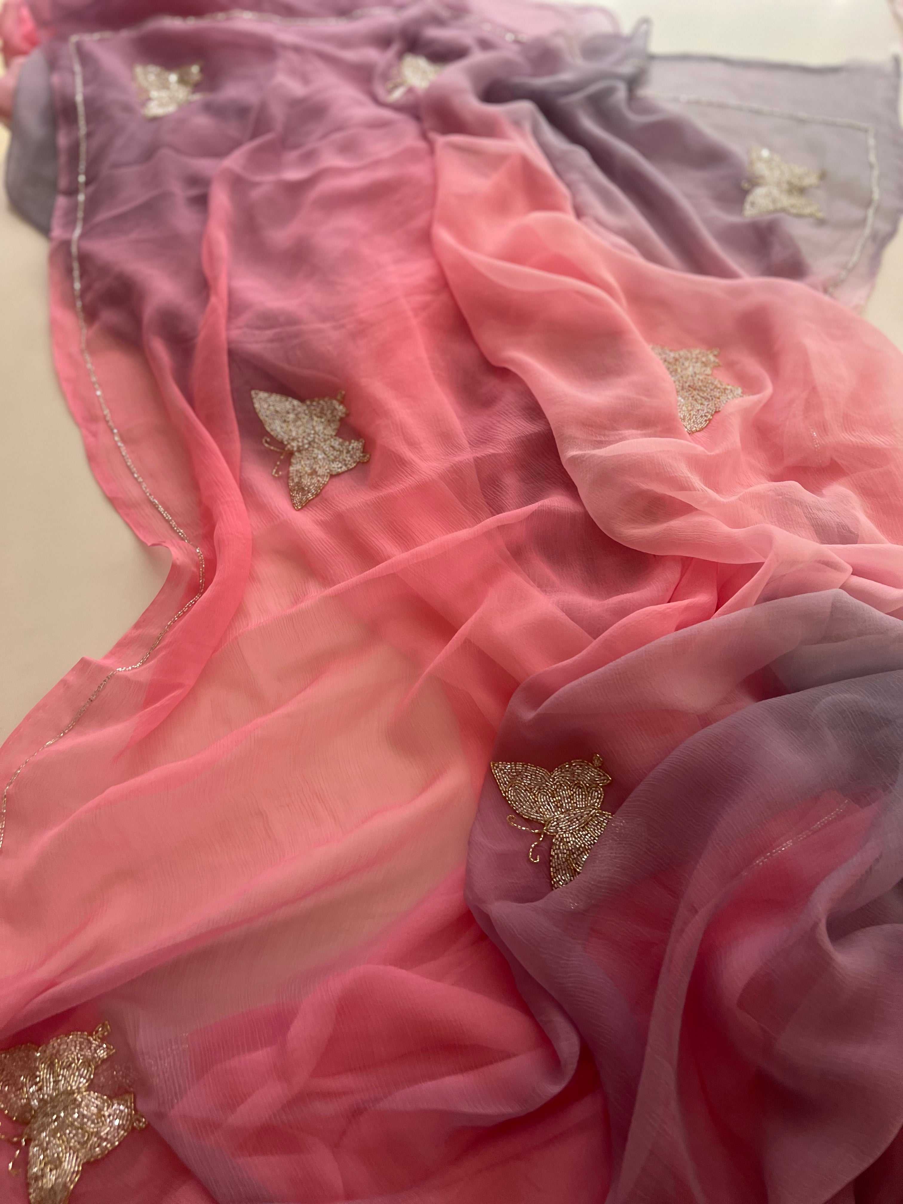 Wine and Powder pink Chiffon saree