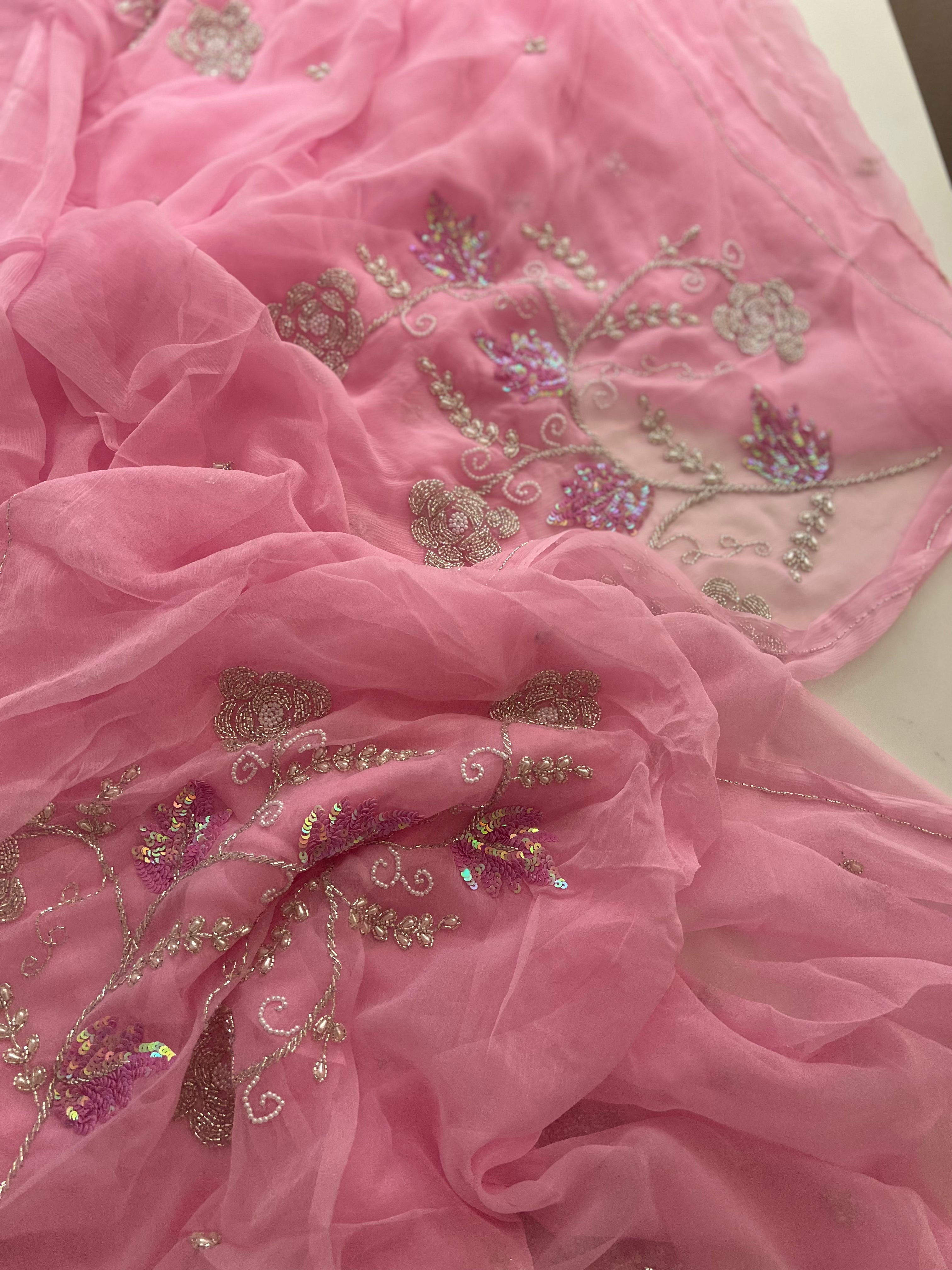 Vintage Rose handwork chiffon saree