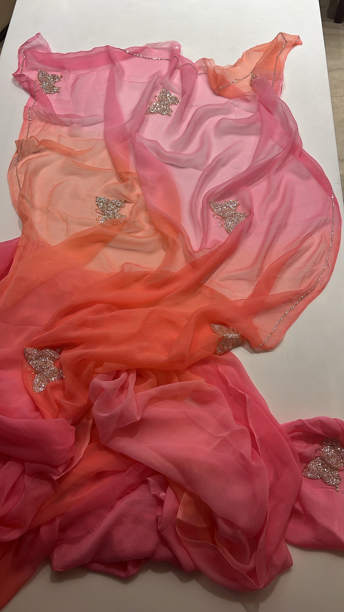 Orange pink shaded chiffon saree